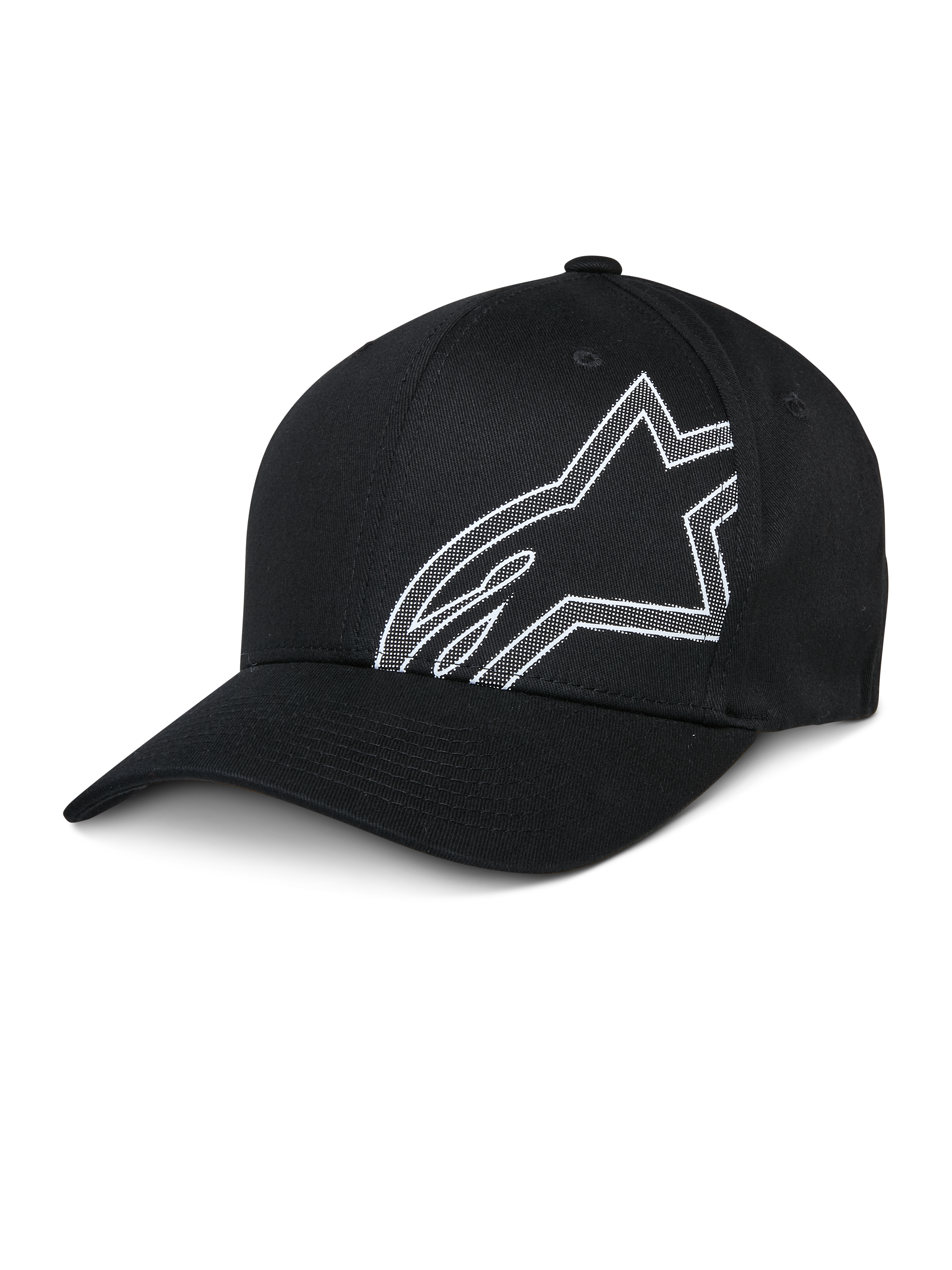 Alpinestars Share Hat, cappello da baseball nero, logo Astars con contorno bianco, visiera curva, corona strutturata, abbigliamento sportivo casual