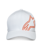 Alpinestars Share Hat, cappello da baseball, bianco, con un grande logo Astars arancione in stampa HD a rilievo sul lato, visiera curva con corona strutturata, copricapo casual da motorsport