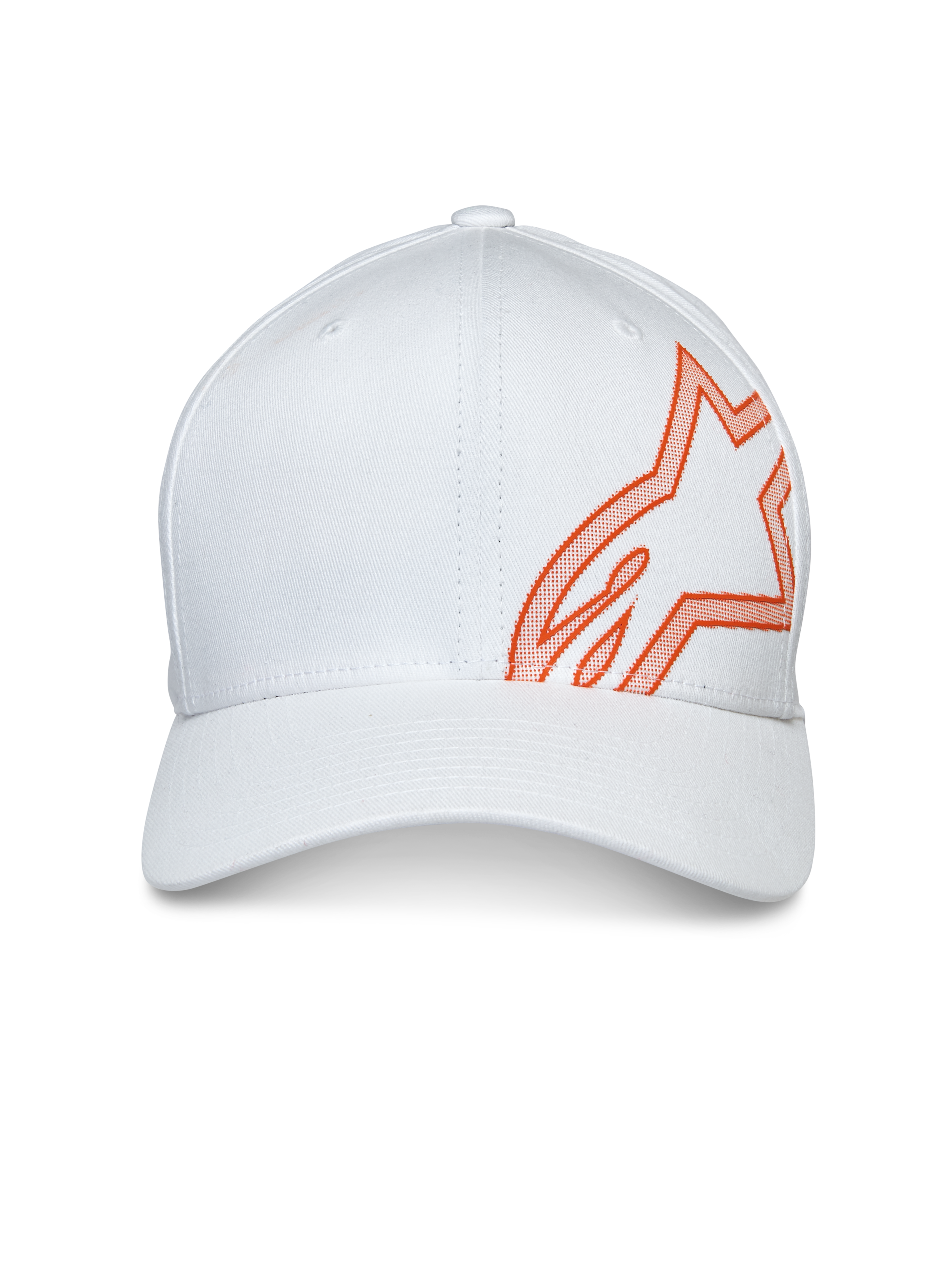 Alpinestars Share Hat, cappello da baseball, bianco, con un grande logo Astars arancione in stampa HD a rilievo sul lato, visiera curva con corona strutturata, copricapo casual da motorsport