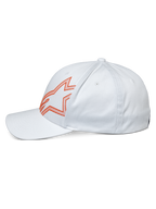 Alpinestars Share Hat, cappello casual bianco, profilo laterale con logo Astars profilato in arancione, visiera curva e corona strutturata, streetwear ispirato al motorsport
