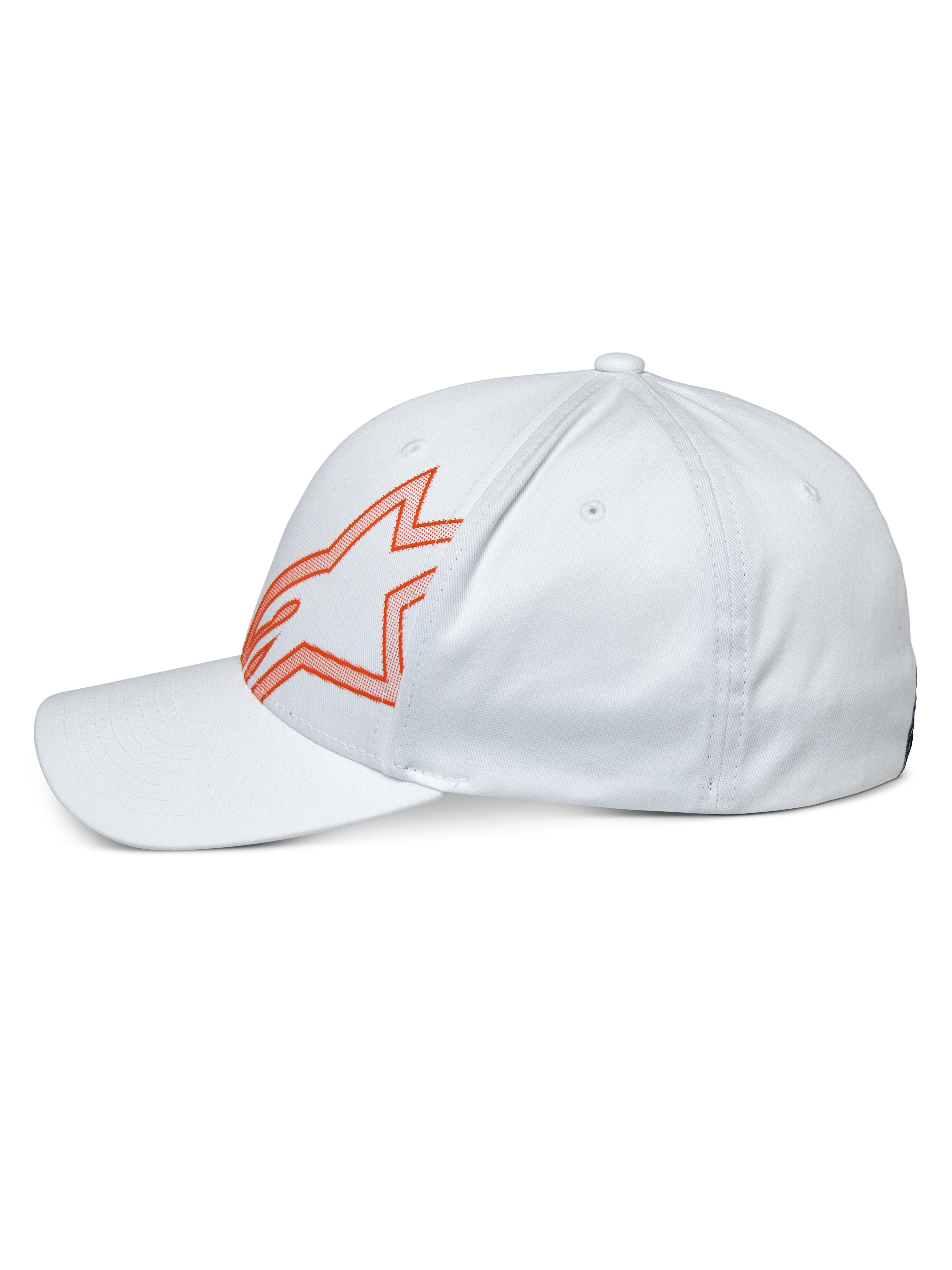 Alpinestars Share Hat, cappello casual bianco, profilo laterale con logo Astars profilato in arancione, visiera curva e corona strutturata, streetwear ispirato al motorsport