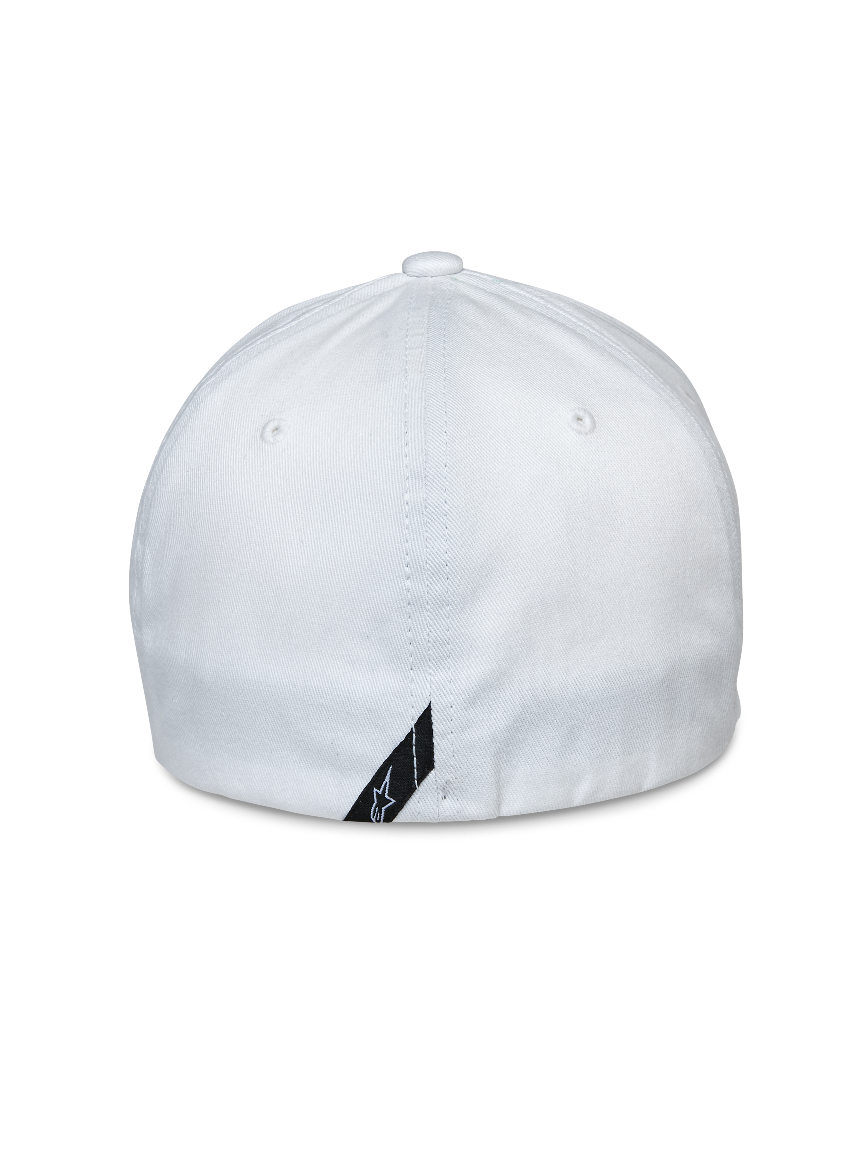 Cappello Alpinestars Share, vista posteriore, cappellino da baseball bianco con retro flessibile, tessuto twill elasticizzato, con una piccola etichetta nera con logo sul bordo inferiore, accessorio sportswear casual