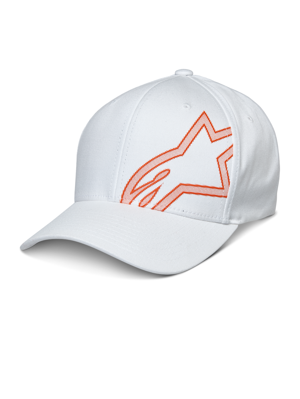 Alpinestars Share Hat, cappellino da baseball bianco con logo Astars arancione in stampa HD a rilievo, visiera curva e corona strutturata, abbigliamento sportivo casual per motorsport