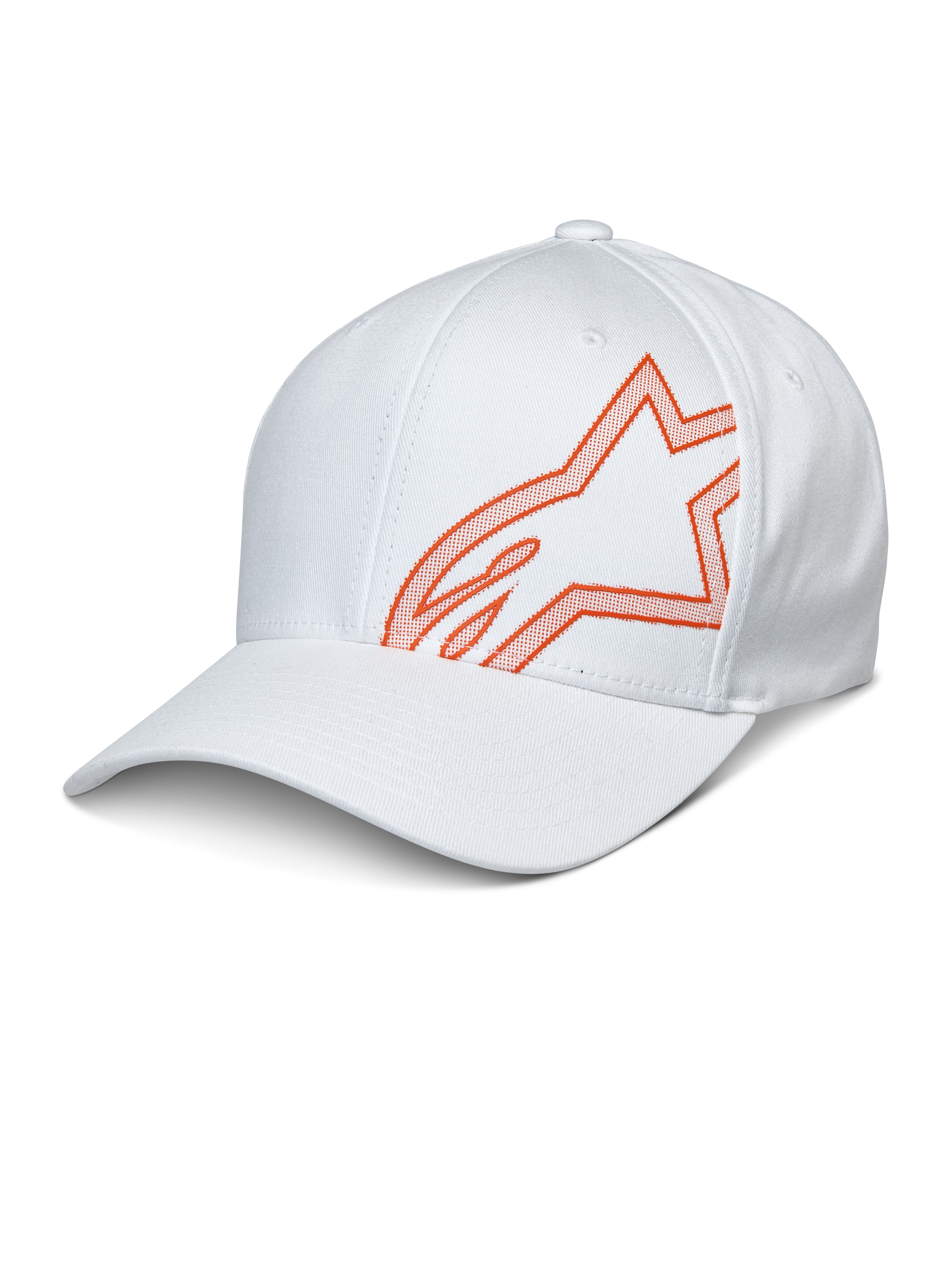 Alpinestars Share Hat, cappellino da baseball bianco con logo Astars arancione in stampa HD a rilievo, visiera curva e corona strutturata, abbigliamento sportivo casual per motorsport