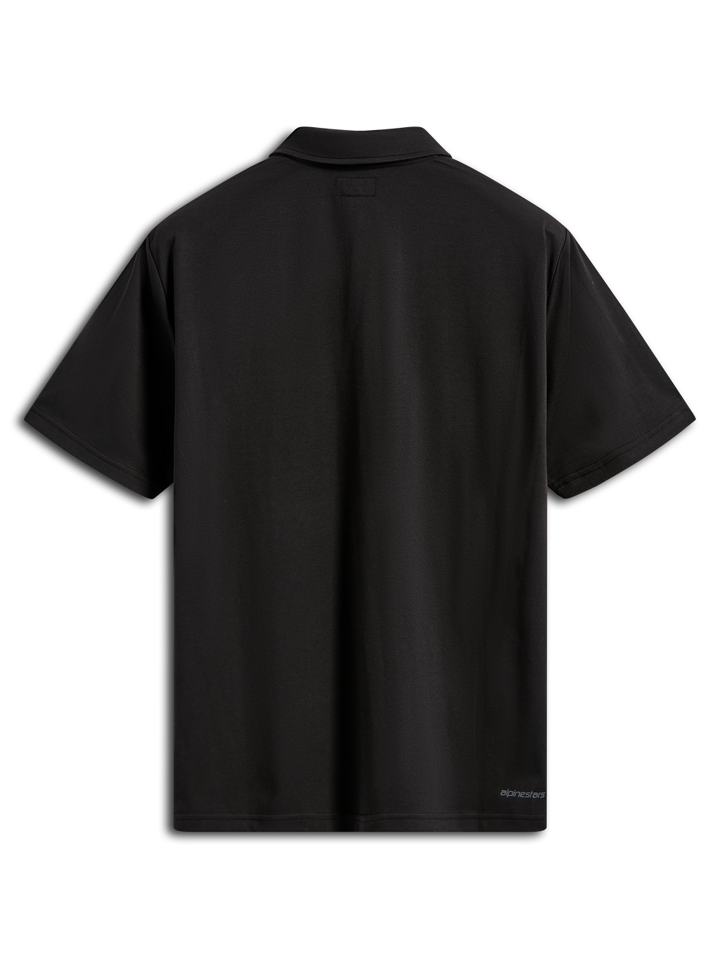 Alpinestars Impetus Sport Polo, polo a maniche corte, nero, vista posteriore che mostra il colletto dello stesso tessuto e il piccolo logo Alpinestars sull'orlo inferiore, abbigliamento sportivo casual in finta rete