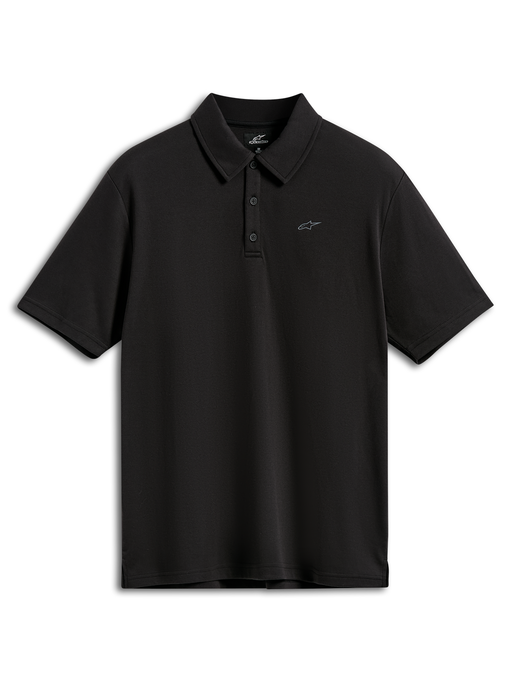 Alpinestars Impetus Sport Polo, polo a maniche corte, nero, con un piccolo logo Astars grigio sul petto, abbottonatura a tre bottoni e colletto dello stesso tessuto, abbigliamento sportivo casual