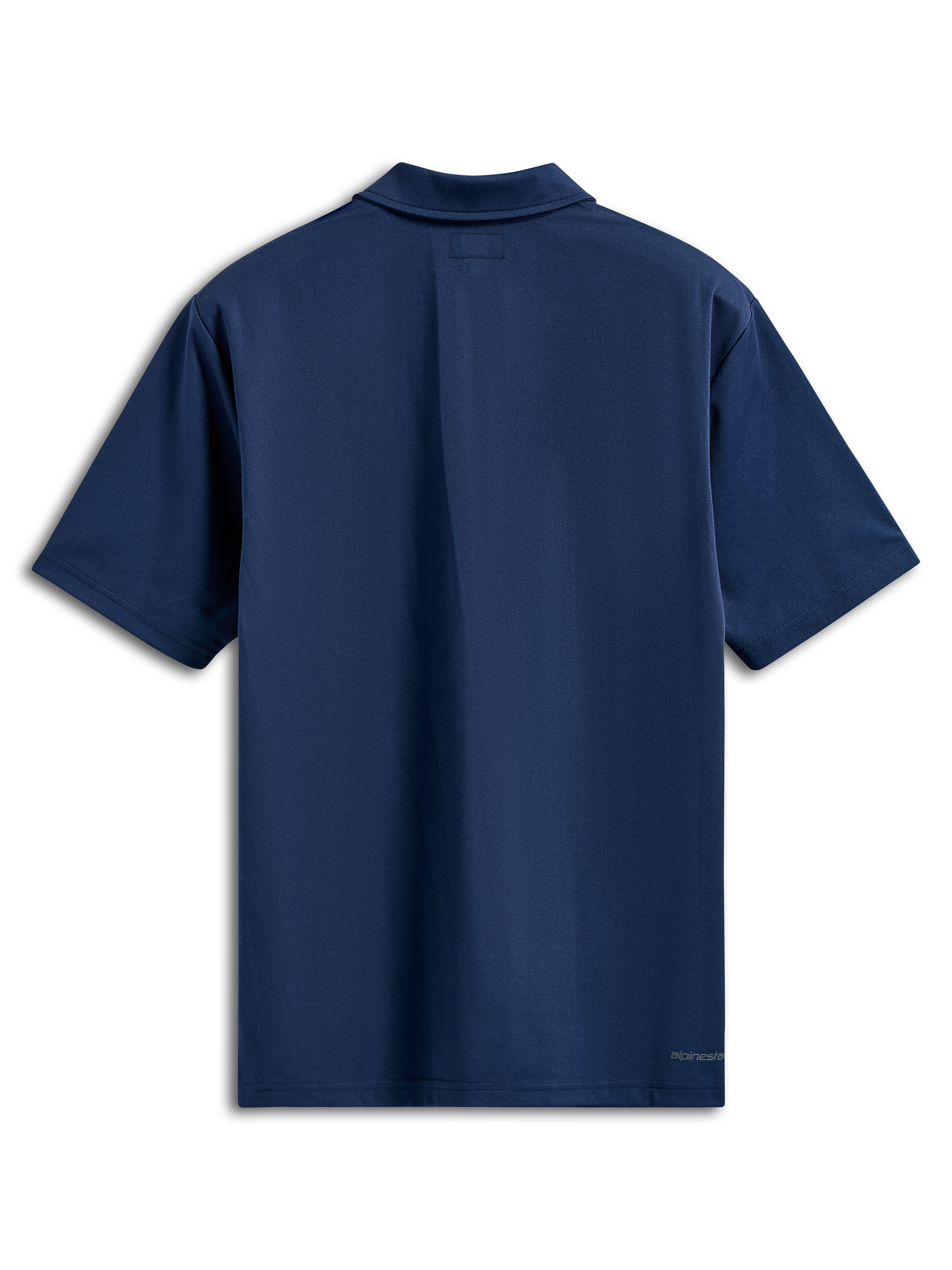 Alpinestars Polo Sport Impetus, polo a maniche corte, blu navy, vista posteriore con colletto dello stesso tessuto e piccolo logo testuale sull'orlo inferiore destro, abbigliamento casual motorsport streetwear