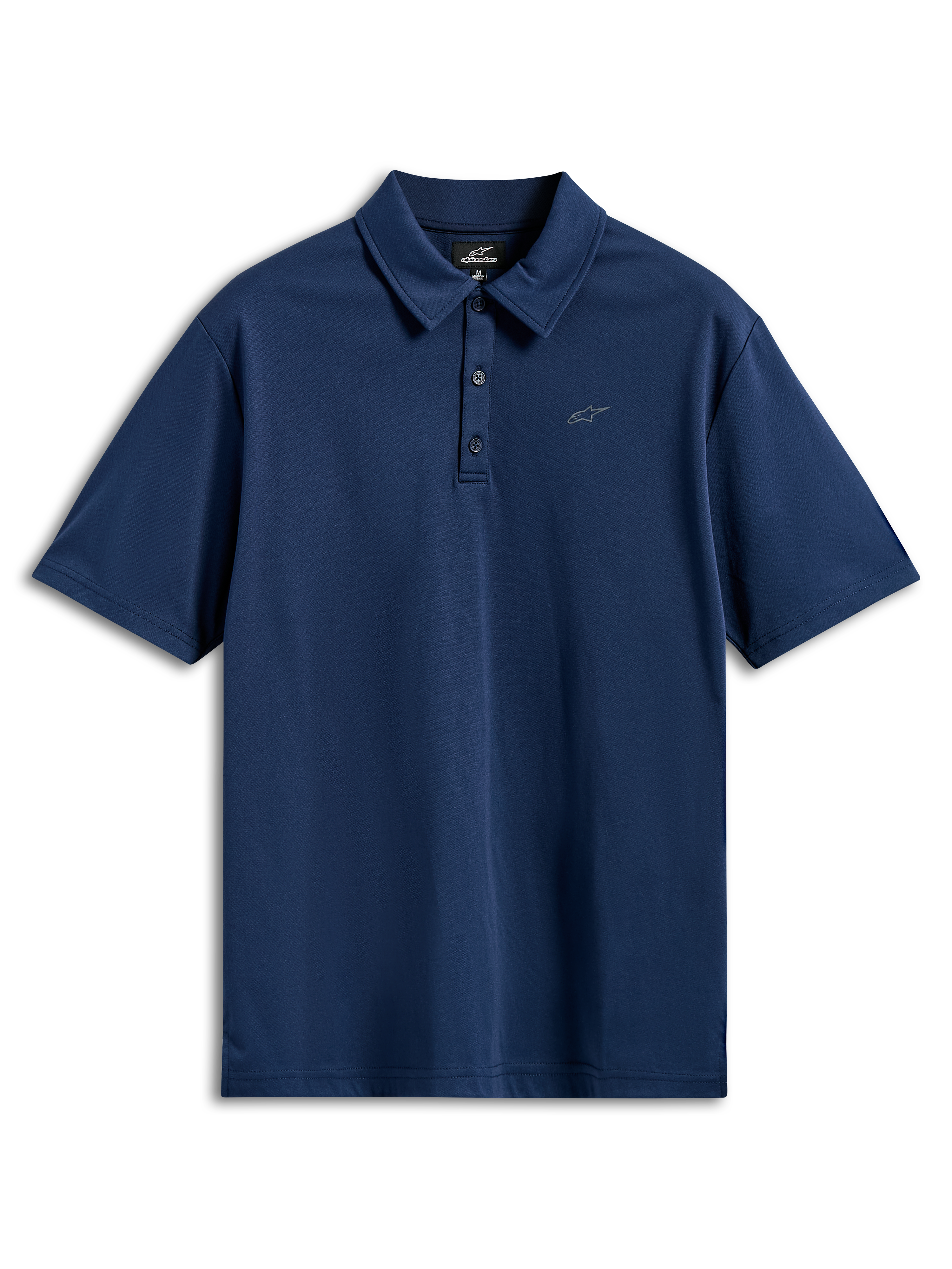 Alpinestars Polo Sport Impetus, polo a maniche corte, blu navy, tessuto in rete finta con chiusura a tre bottoni e piccolo logo Astars grigio sul petto, abbigliamento sportivo casual da motorsport
