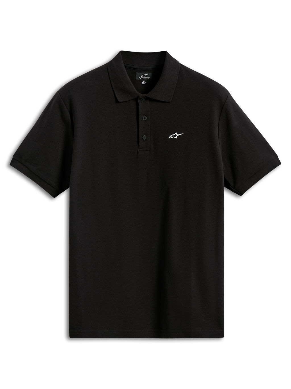 Alpinestars Polo Endeavor Classic, polo a maniche corte in piqué, nero, con piccolo logo Astars bianco sul petto, abbottonatura a tre bottoni, colletto e polsini a coste, abbigliamento sportivo casual
