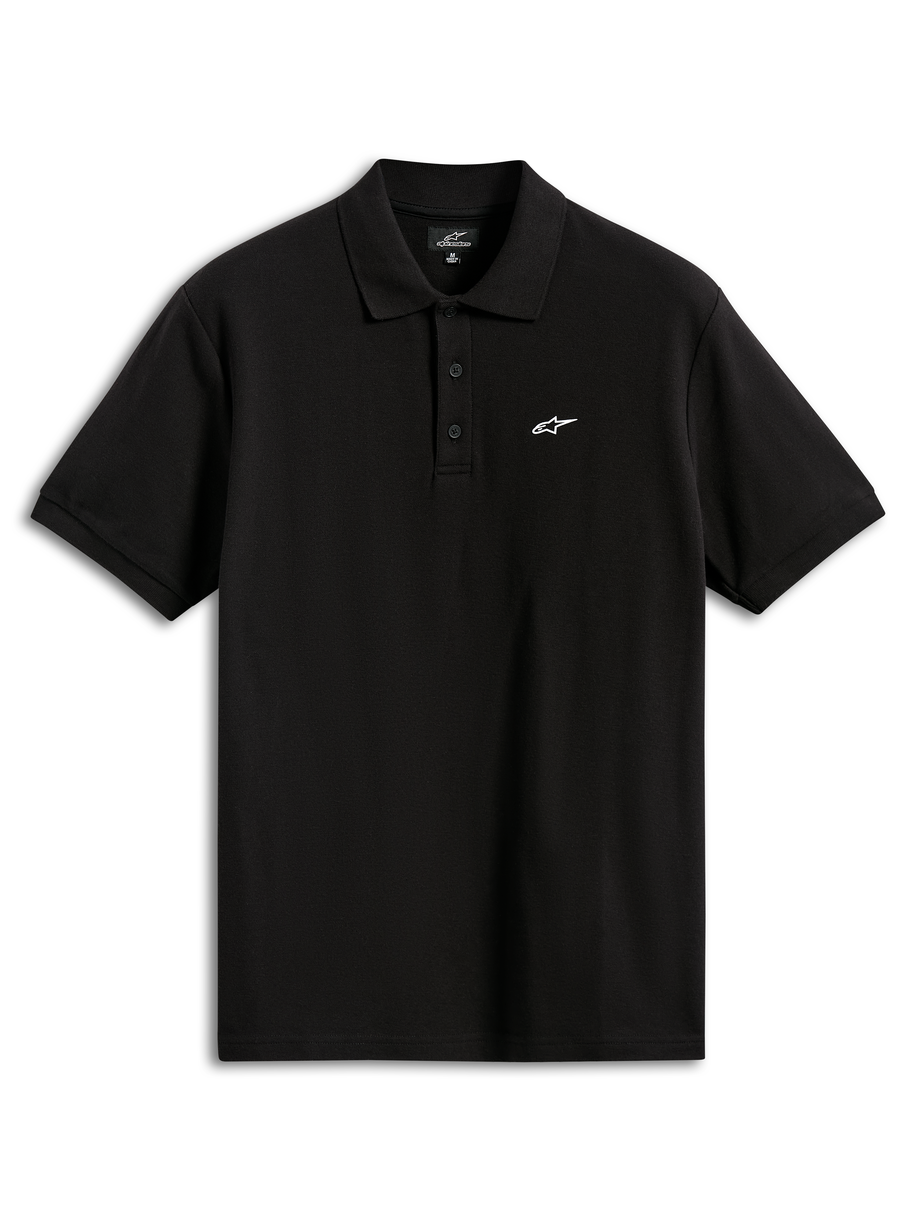 Alpinestars Polo Endeavor Classic, polo a maniche corte in piqué, nero, con piccolo logo Astars bianco sul petto, abbottonatura a tre bottoni, colletto e polsini a coste, abbigliamento sportivo casual