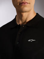 Alpinestars Polo Endeavor Classic, polo a maniche corte in piqué nero, abbottonatura a tre bottoni, colletto a coste, stampa HD del logo Astars bianco, streetwear casual ispirato al motorsport