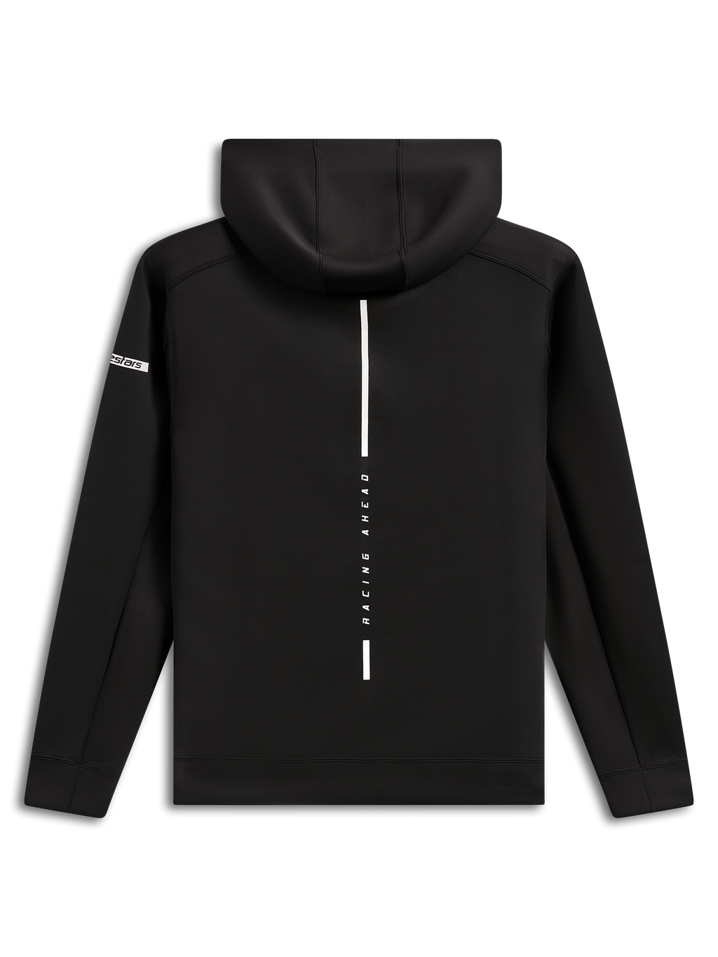 Felpa con cappuccio Alpinestars Insight, vista posteriore, felpa pullover in pile nera, striscia bianca verticale con scritta 'RACING AHEAD', logo Alpinestars sulla manica, streetwear casual ispirato al motorsport