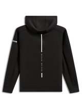 Felpa con cappuccio Alpinestars Insight, vista posteriore, felpa pullover in pile nera, striscia bianca verticale con scritta 'RACING AHEAD', logo Alpinestars sulla manica, streetwear casual ispirato al motorsport