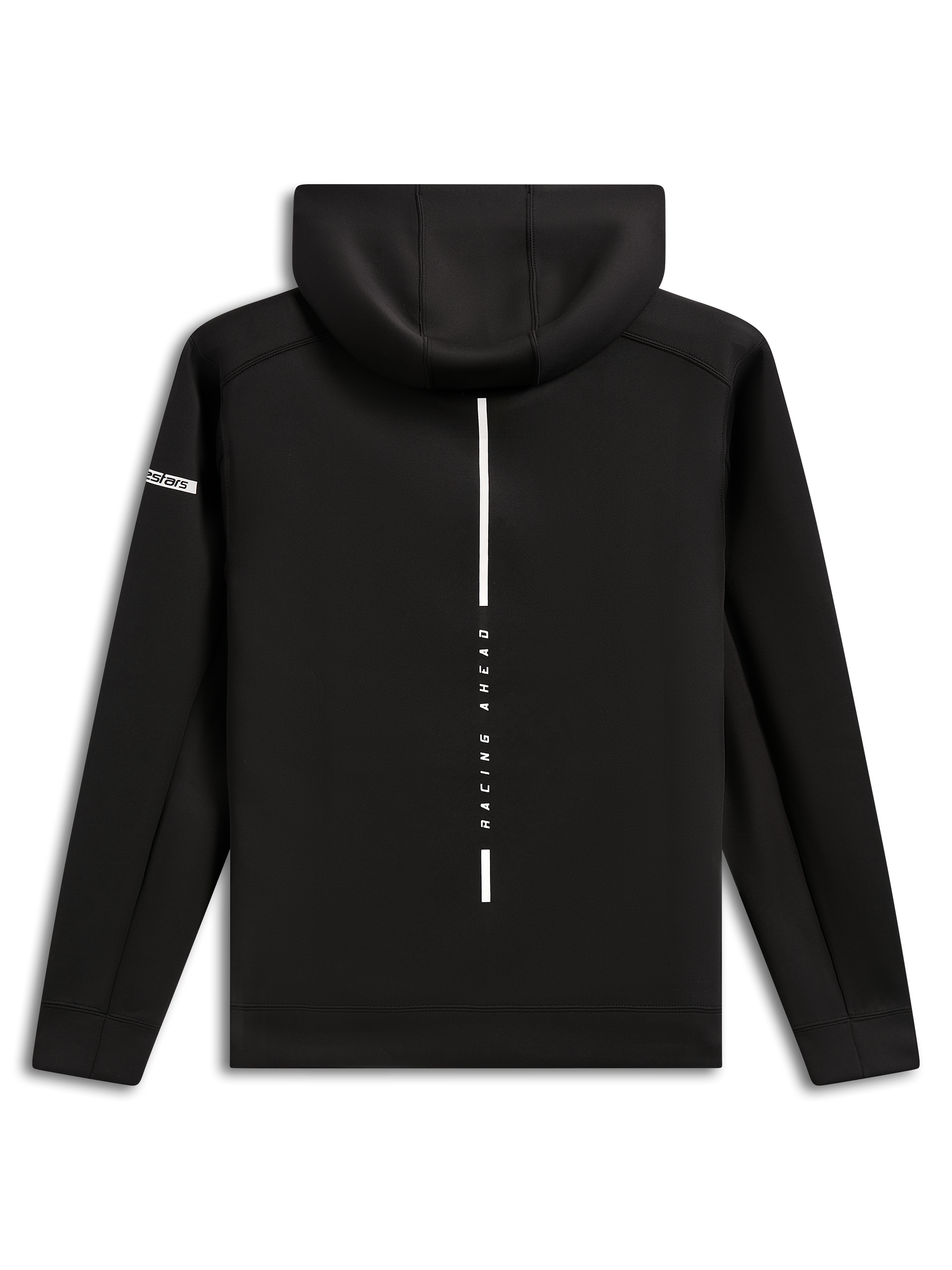 Felpa con cappuccio Alpinestars Insight, vista posteriore, felpa pullover in pile nera, striscia bianca verticale con scritta 'RACING AHEAD', logo Alpinestars sulla manica, streetwear casual ispirato al motorsport