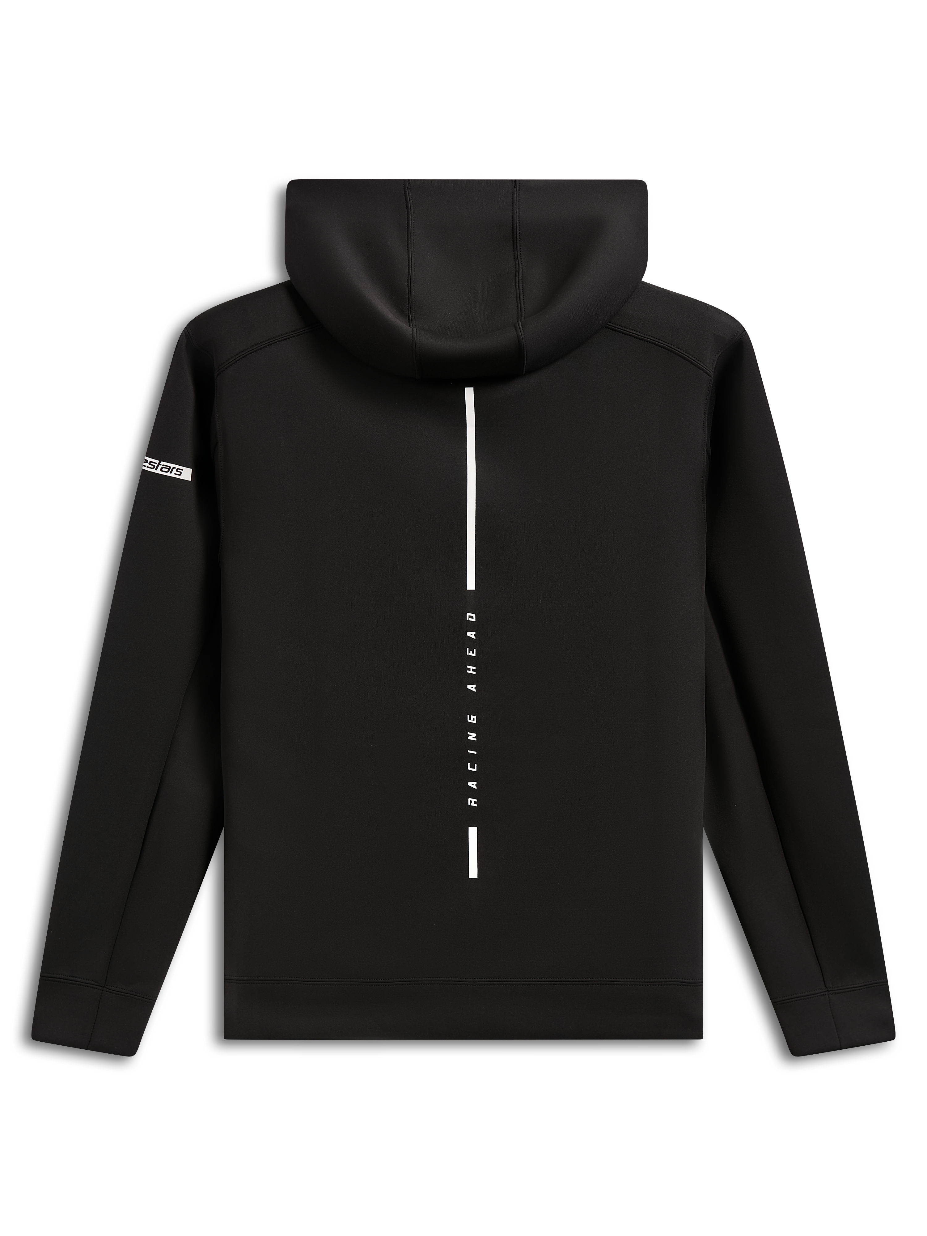 Felpa con cappuccio Alpinestars Insight, vista posteriore, felpa pullover in pile nera, striscia bianca verticale con scritta 'RACING AHEAD', logo Alpinestars sulla manica, streetwear casual ispirato al motorsport