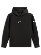 Alpinestars Insight Hoodie, felpa pullover nera, logo Astars bianco sul petto, tasca a marsupio, cappuccio foderato in rete, streetwear casual d'ispirazione motorsport