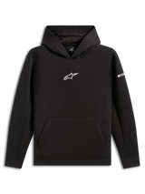 Alpinestars Insight Hoodie, felpa pullover nera, logo Astars bianco sul petto, tasca a marsupio, cappuccio foderato in rete, streetwear casual d'ispirazione motorsport