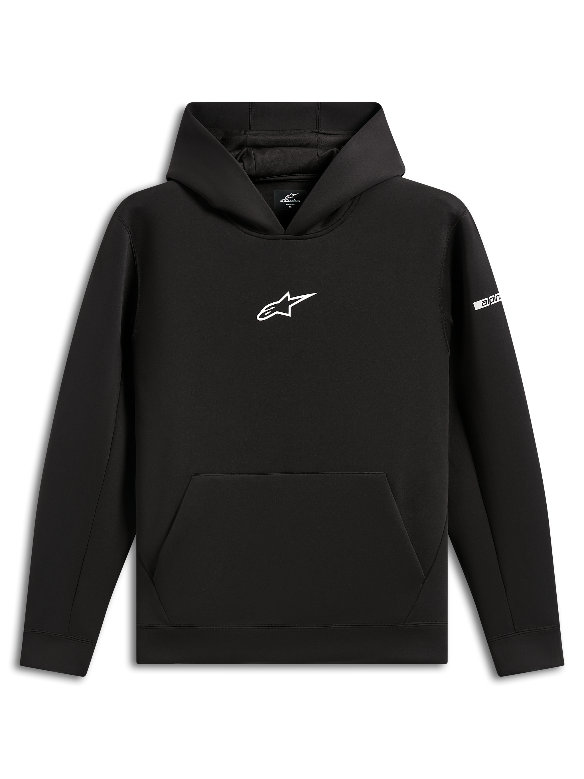 Alpinestars Insight Hoodie, felpa pullover nera, logo Astars bianco sul petto, tasca a marsupio, cappuccio foderato in rete, streetwear casual d'ispirazione motorsport