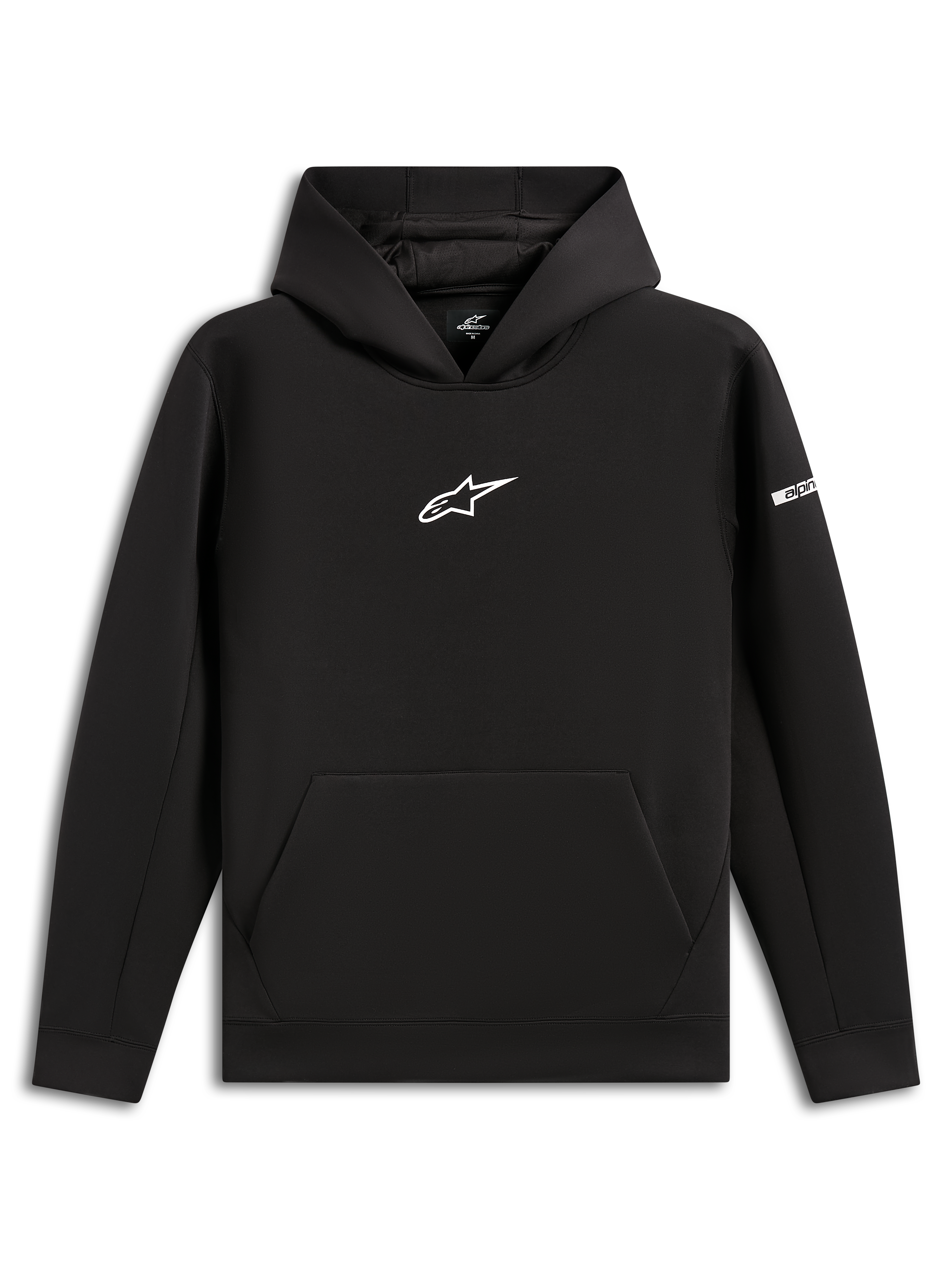 Alpinestars Insight Hoodie, felpa pullover nera, logo Astars bianco sul petto, tasca a marsupio, cappuccio foderato in rete, streetwear casual d'ispirazione motorsport