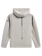 Alpinestars Felpa Insight, vista posteriore del pullover grigio cemento, caratterizzata da una striscia nera verticale con la scritta 'RACING AHEAD', piccolo logo Astars sulla manica, morbido pile tri-blend double face, stile casual motorsport streetwear