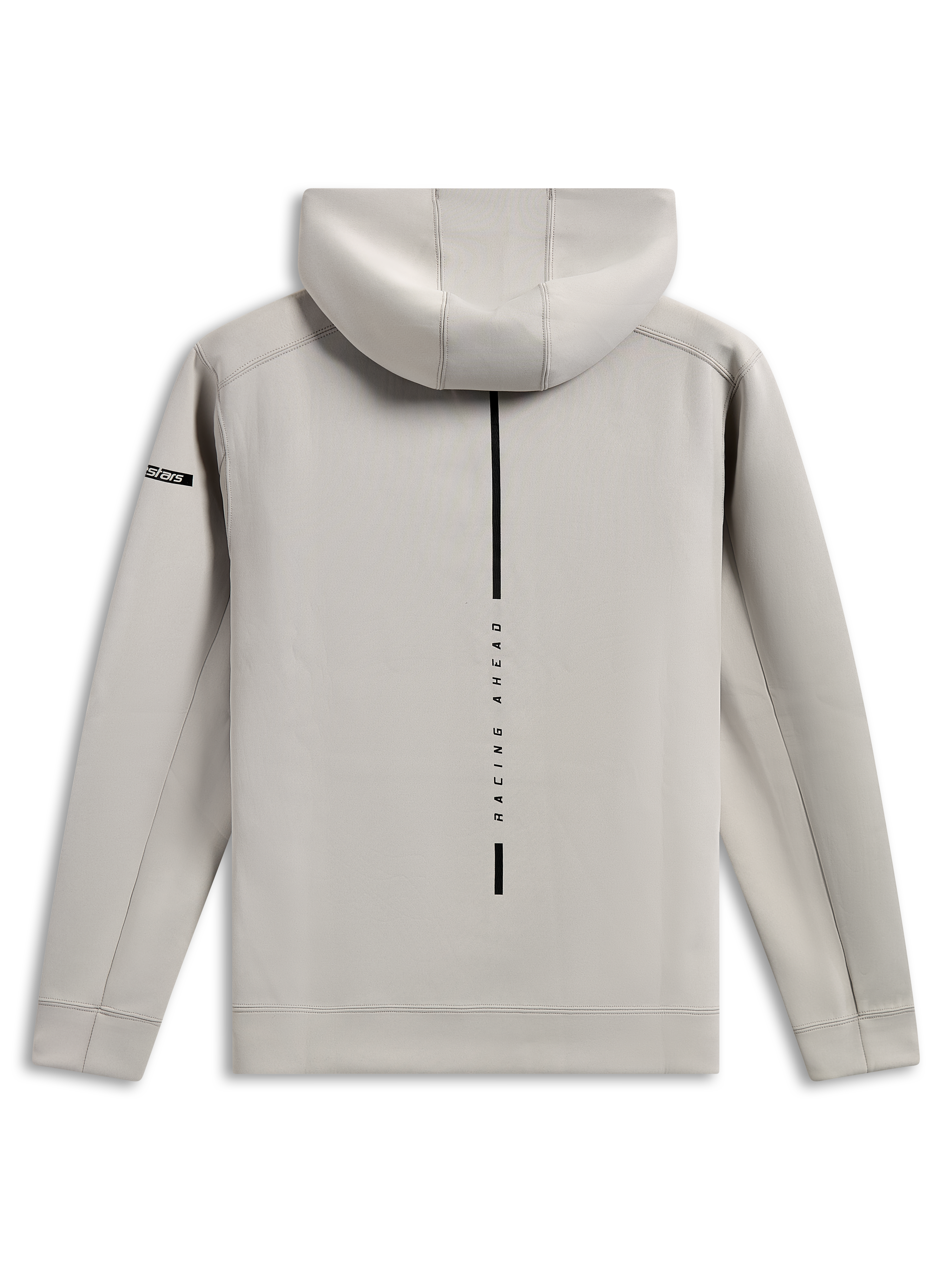 Alpinestars Felpa Insight, vista posteriore del pullover grigio cemento, caratterizzata da una striscia nera verticale con la scritta 'RACING AHEAD', piccolo logo Astars sulla manica, morbido pile tri-blend double face, stile casual motorsport streetwear