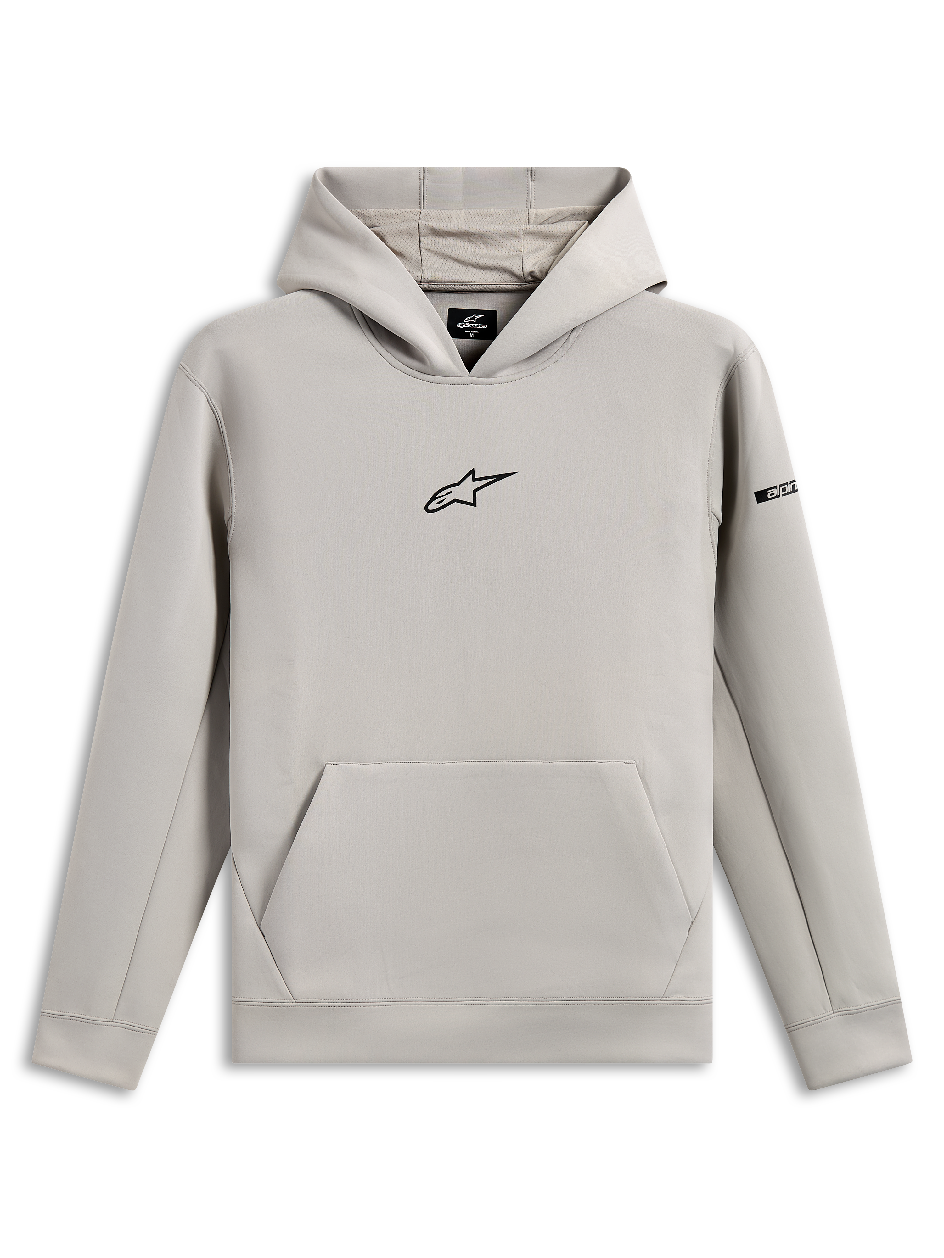 Alpinestars Insight Hoodie, felpa con cappuccio casual, grigio cemento con logo Astars nero sul petto, tasca a marsupio, cappuccio foderato in rete, maniche lunghe, design moderno ispirato al motorsport