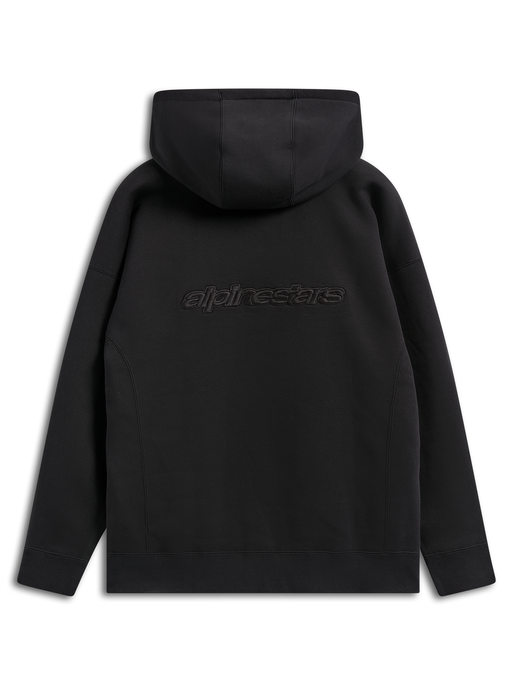 Felpa con cappuccio Alpinestars Emergent Oversized, streetwear casual nero, vista posteriore con logo Alpinestars ricamato, vestibilità oversize con cappuccio e orlo a costine