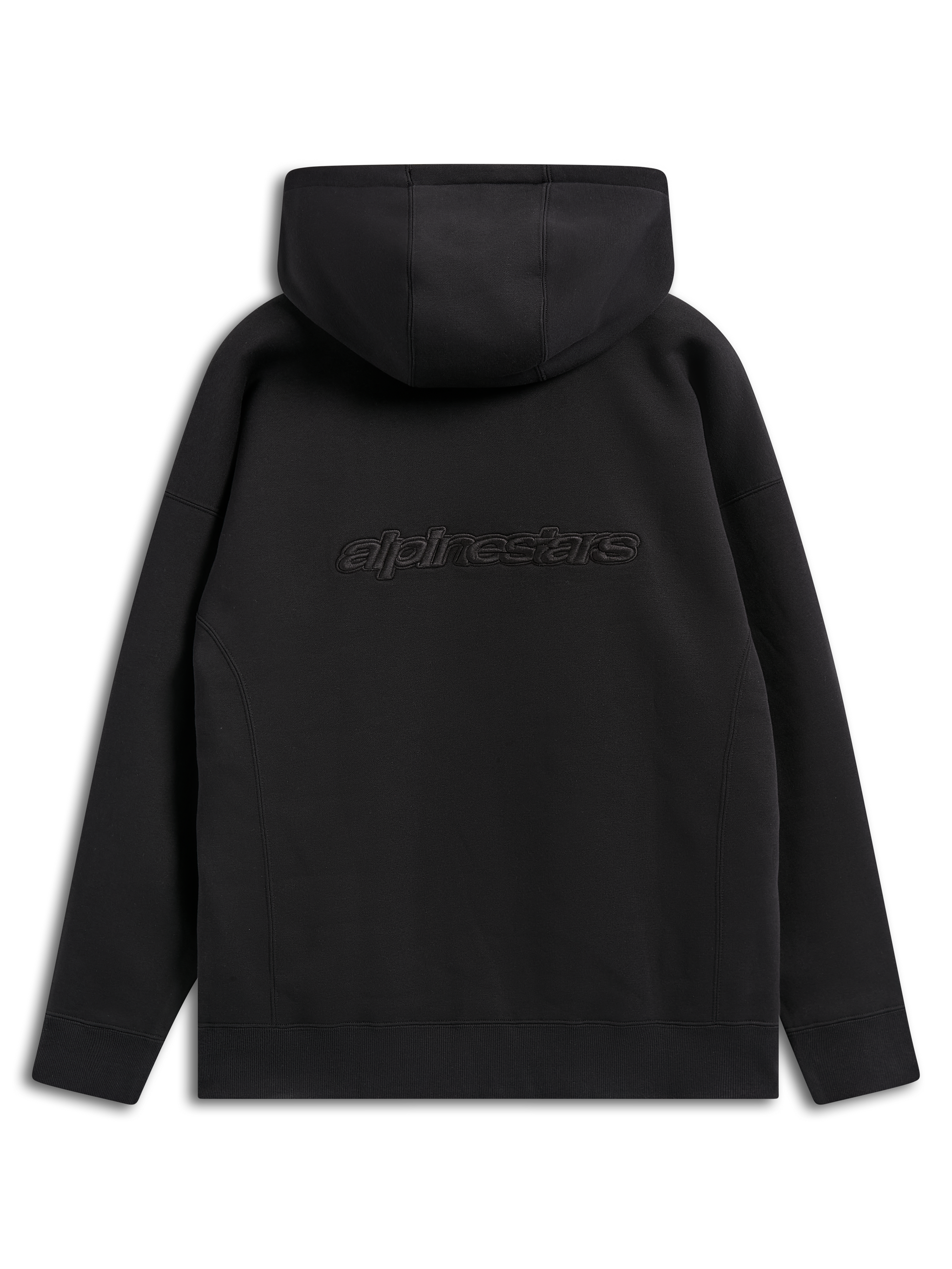 Felpa con cappuccio Alpinestars Emergent Oversized, streetwear casual nero, vista posteriore con logo Alpinestars ricamato, vestibilità oversize con cappuccio e orlo a costine