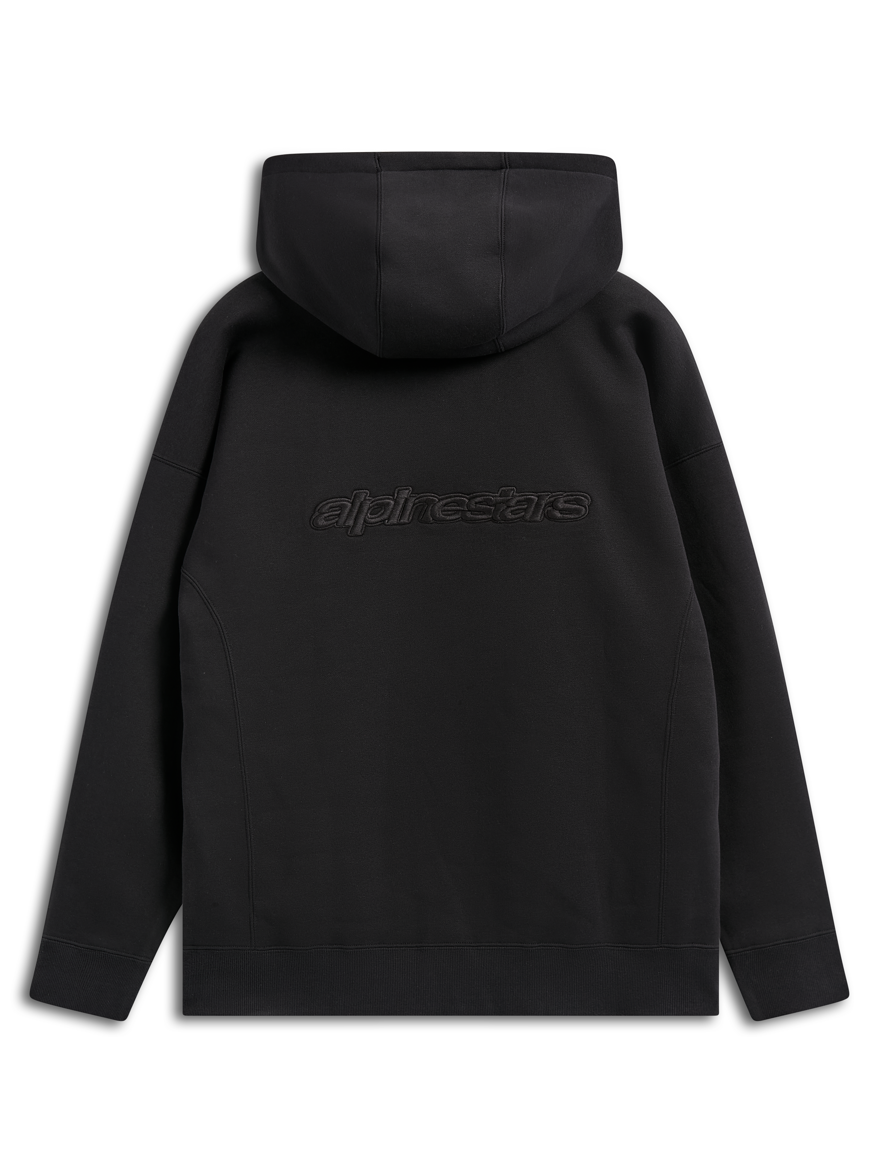 Felpa con cappuccio Alpinestars Emergent Oversized, streetwear casual nero, vista posteriore con logo Alpinestars ricamato, vestibilità oversize con cappuccio e orlo a costine