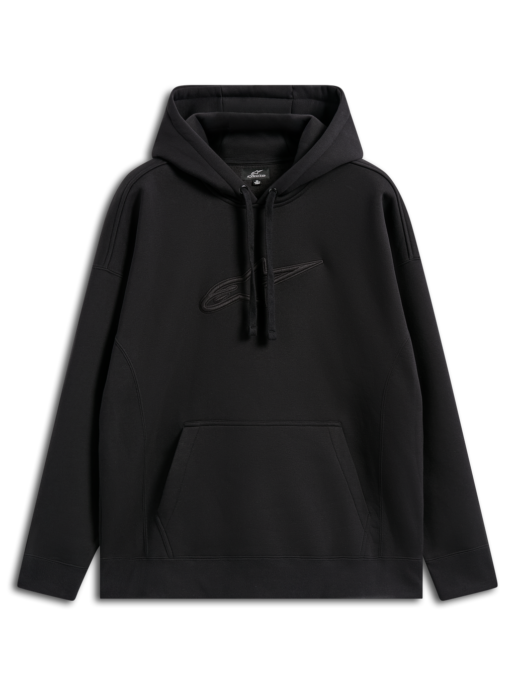 Felpa con cappuccio Alpinestars Emergent Oversized, casual streetwear, nero con logo Astars ricamato tono su tono, vestibilità oversize, cappuccio con cordino, tasca a marsupio, design moderno ispirato al motorsport