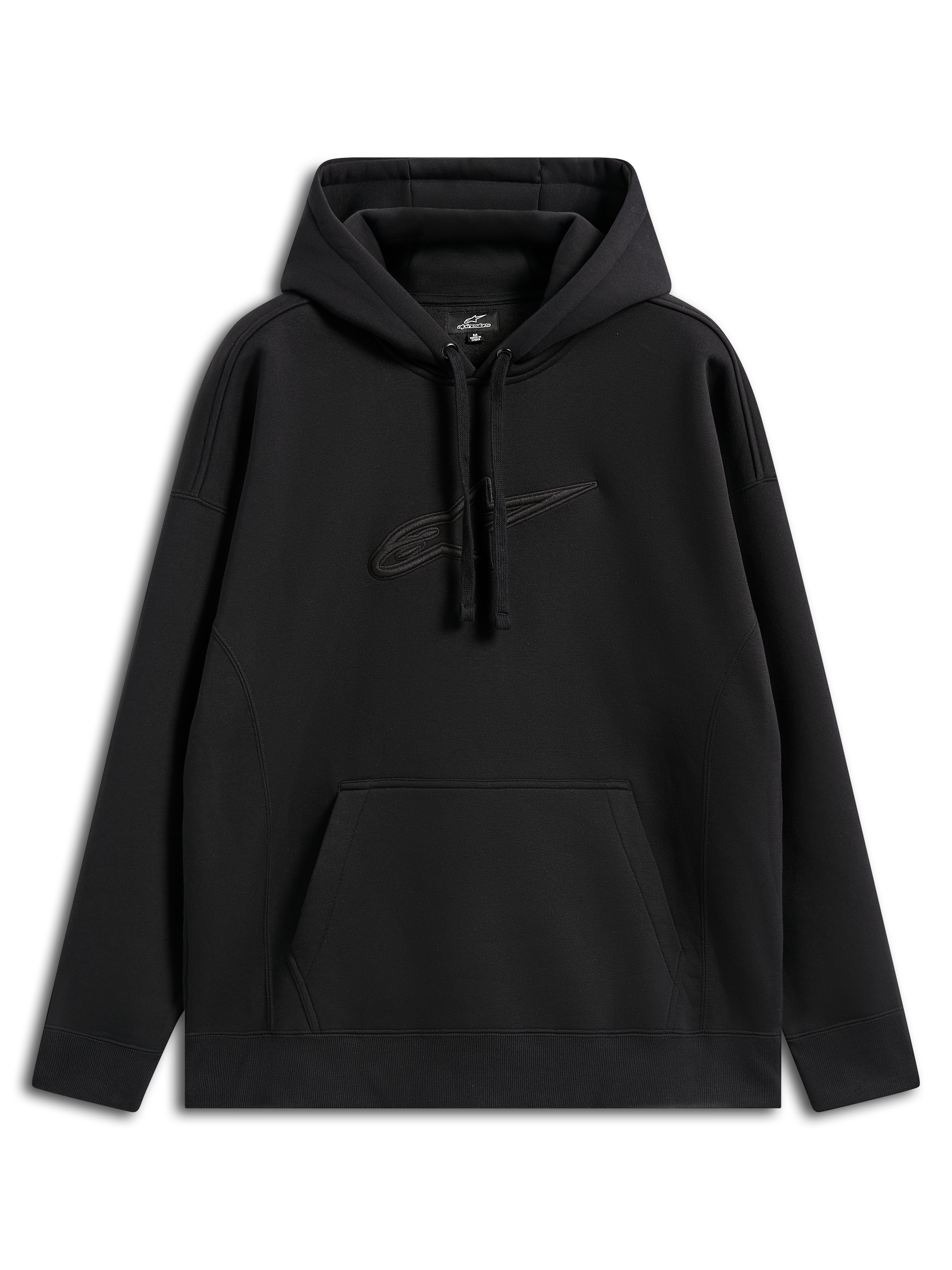 Felpa con cappuccio Alpinestars Emergent Oversized, casual streetwear, nero con logo Astars ricamato tono su tono, vestibilità oversize, cappuccio con cordino, tasca a marsupio, design moderno ispirato al motorsport