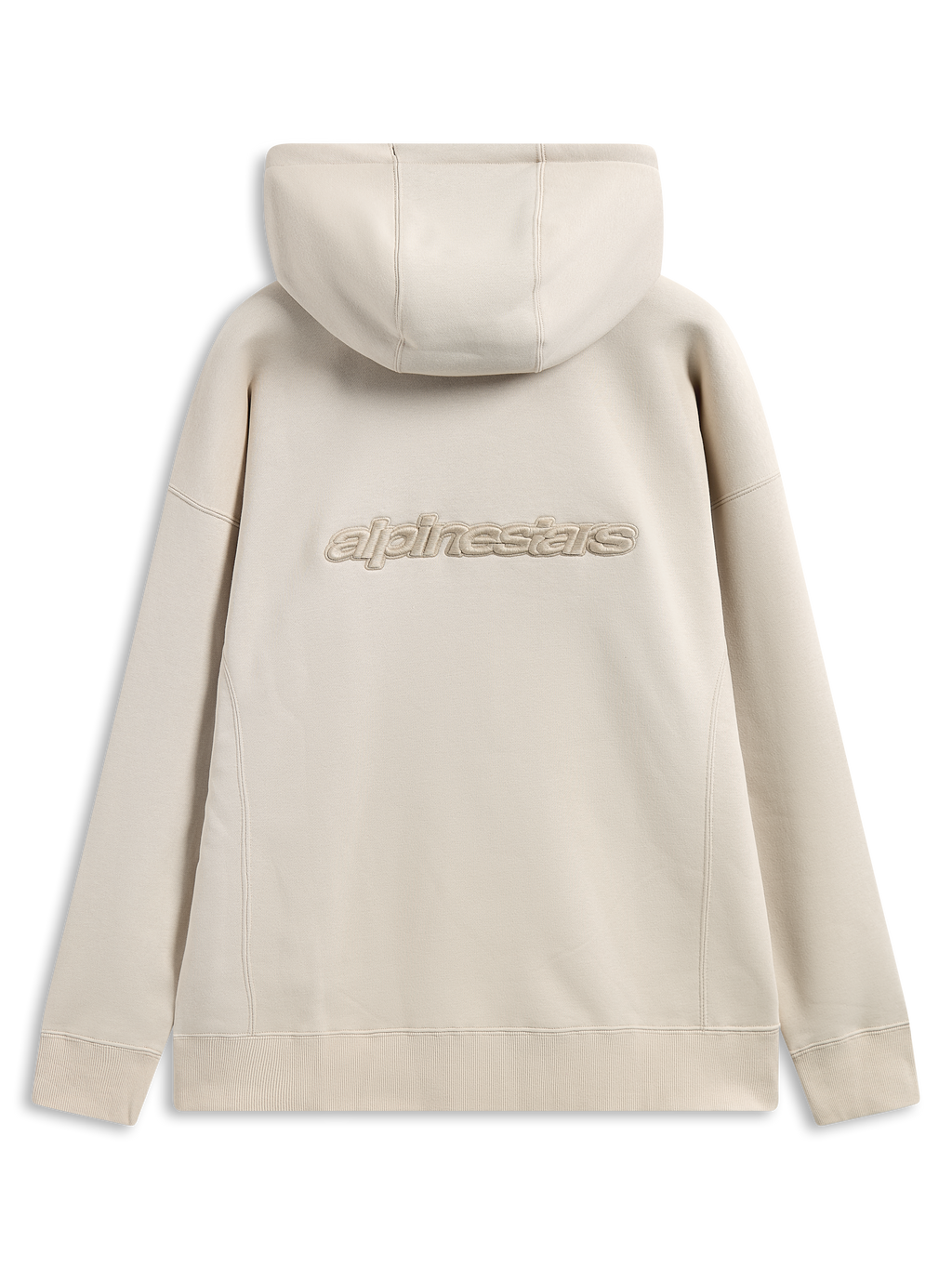 Felpa con cappuccio Alpinestars Emergent Oversized, vista posteriore, sabbia, logo Alpinestars ricamato in 3D al centro della schiena, vestibilità oversize con polsini e orlo a costine, streetwear casual