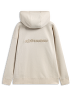Felpa con cappuccio Alpinestars Emergent Oversized, vista posteriore, sabbia, logo Alpinestars ricamato in 3D al centro della schiena, vestibilità oversize con polsini e orlo a costine, streetwear casual
