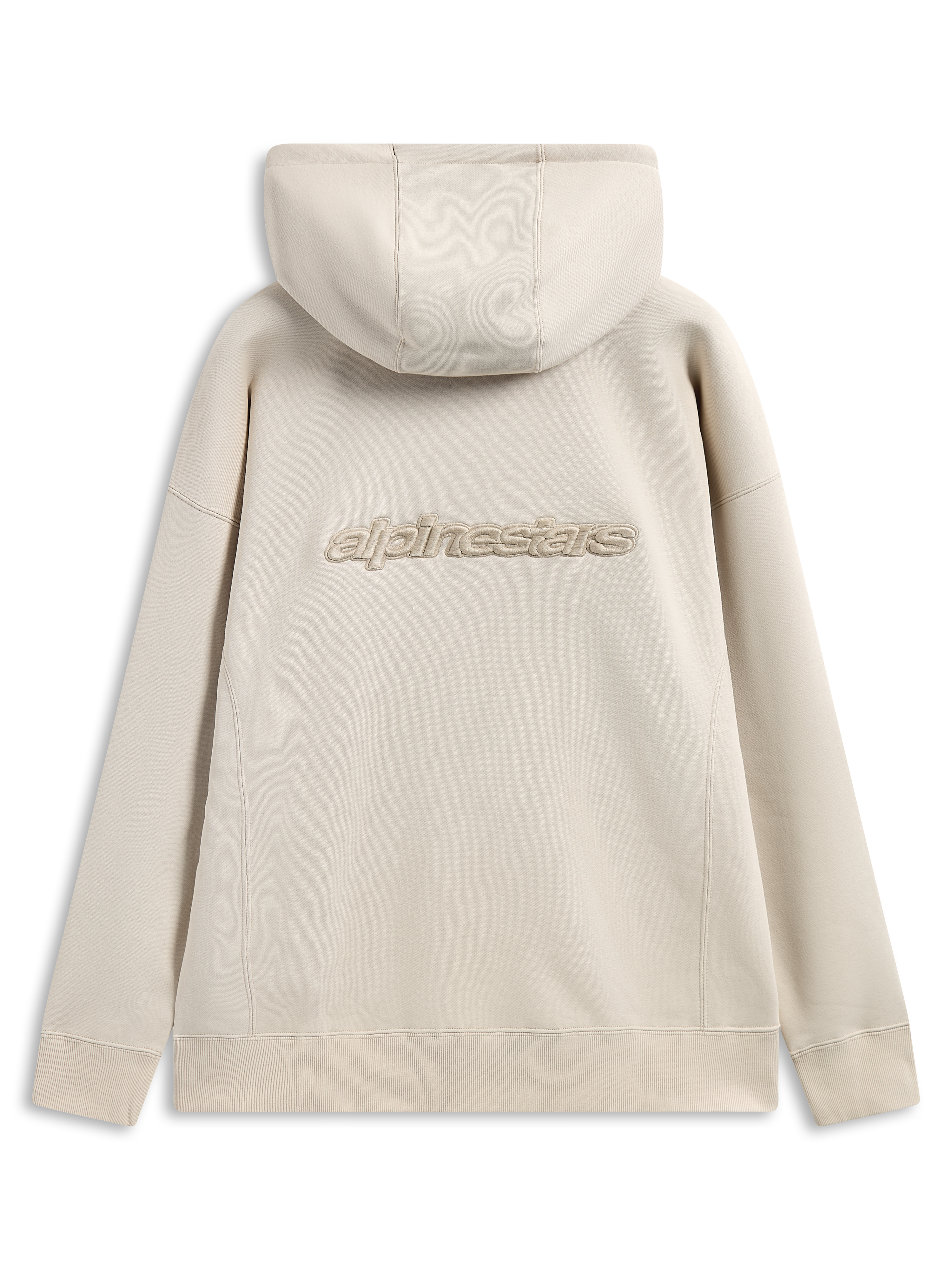Felpa con cappuccio Alpinestars Emergent Oversized, vista posteriore, sabbia, logo Alpinestars ricamato in 3D al centro della schiena, vestibilità oversize con polsini e orlo a costine, streetwear casual