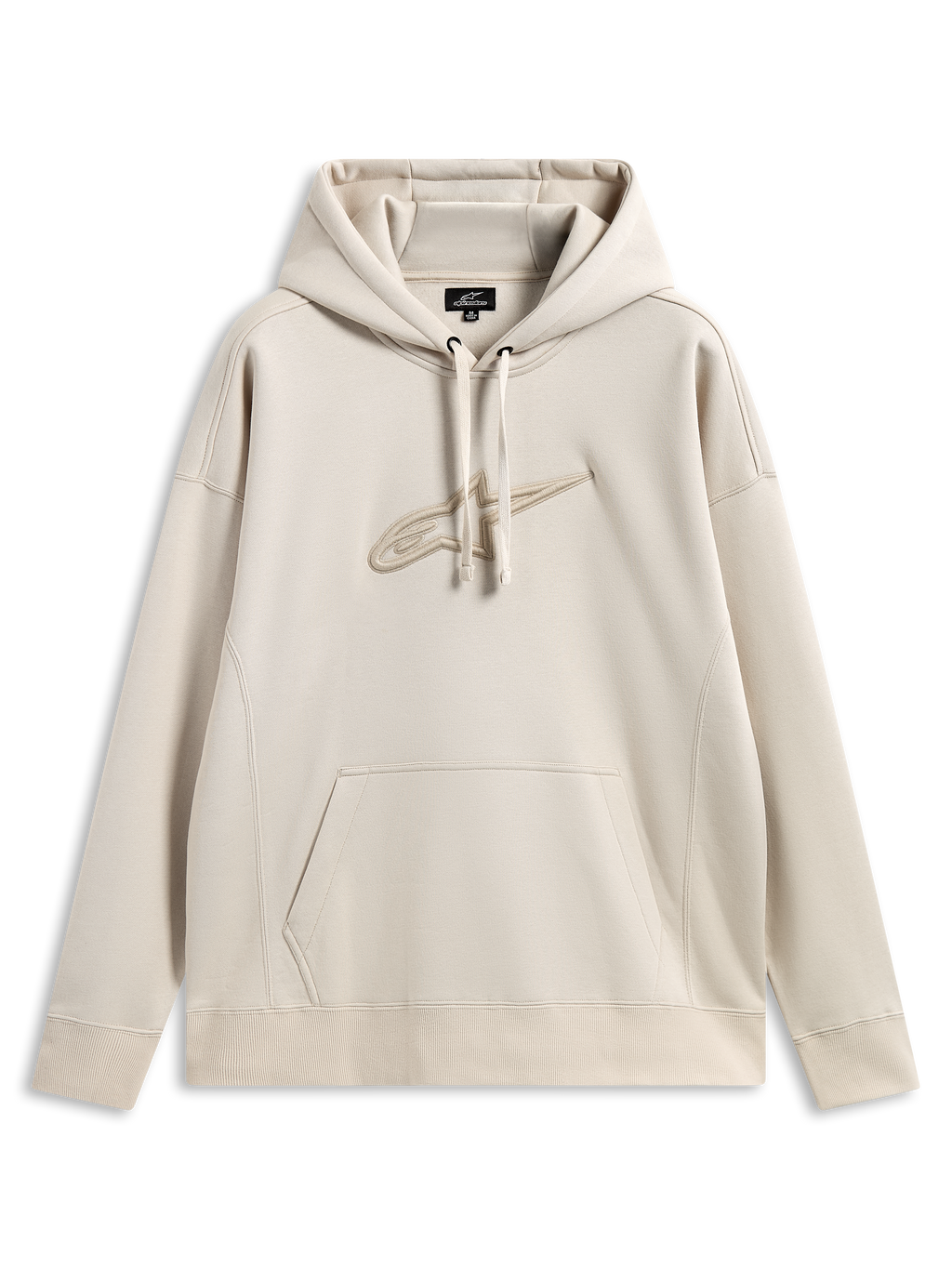 Alpinestars Emergent Oversized Hoodie, felpa con cappuccio streetwear casual, colore sabbia con logo Astars ricamato in 3D tono su tono, cappuccio con cordino, tasca a marsupio, vestibilità oversized rilassata