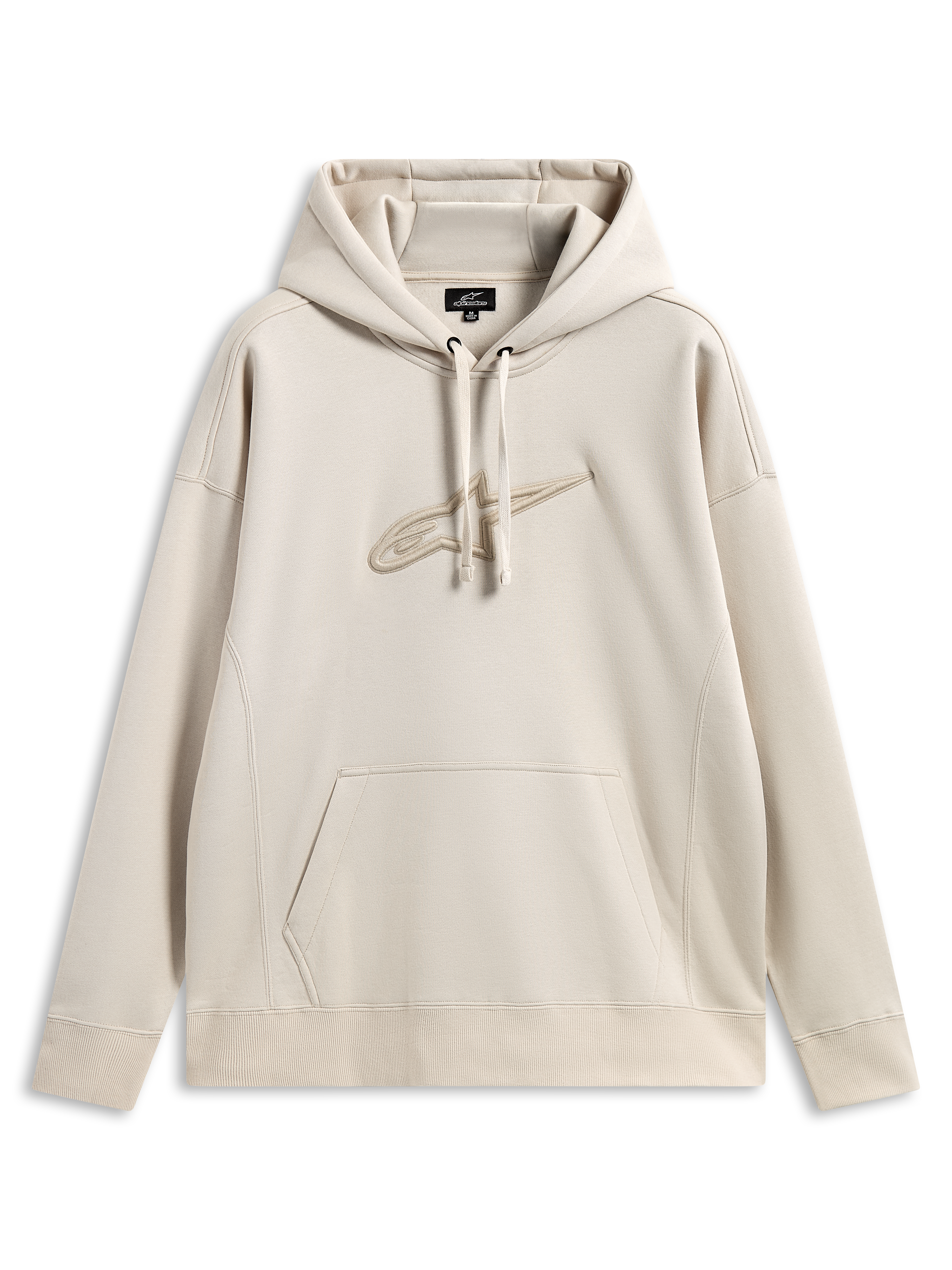 Alpinestars Emergent Oversized Hoodie, felpa con cappuccio streetwear casual, colore sabbia con logo Astars ricamato in 3D tono su tono, cappuccio con cordino, tasca a marsupio, vestibilità oversized rilassata