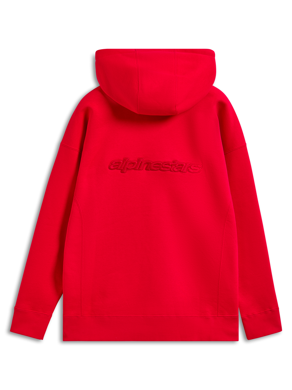 Alpinestars Emergent Oversized Hoodie, rosso, vista posteriore con logo Alpinestars ricamato tono su tono sulla schiena, vestibilità oversize con polsini e orlo a costine, streetwear casual motorsport