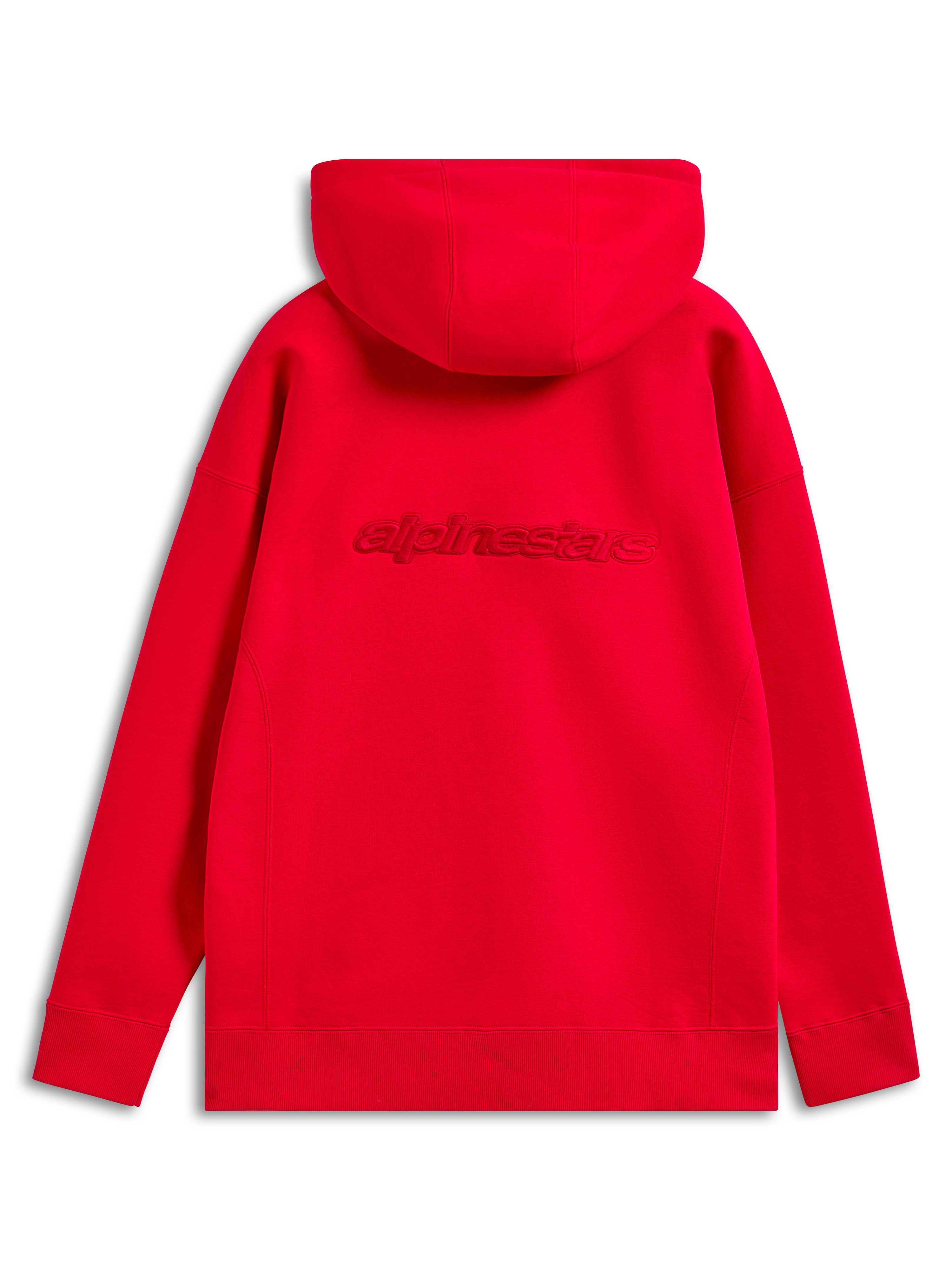 Alpinestars Emergent Oversized Hoodie, rosso, vista posteriore con logo Alpinestars ricamato tono su tono sulla schiena, vestibilità oversize con polsini e orlo a costine, streetwear casual motorsport