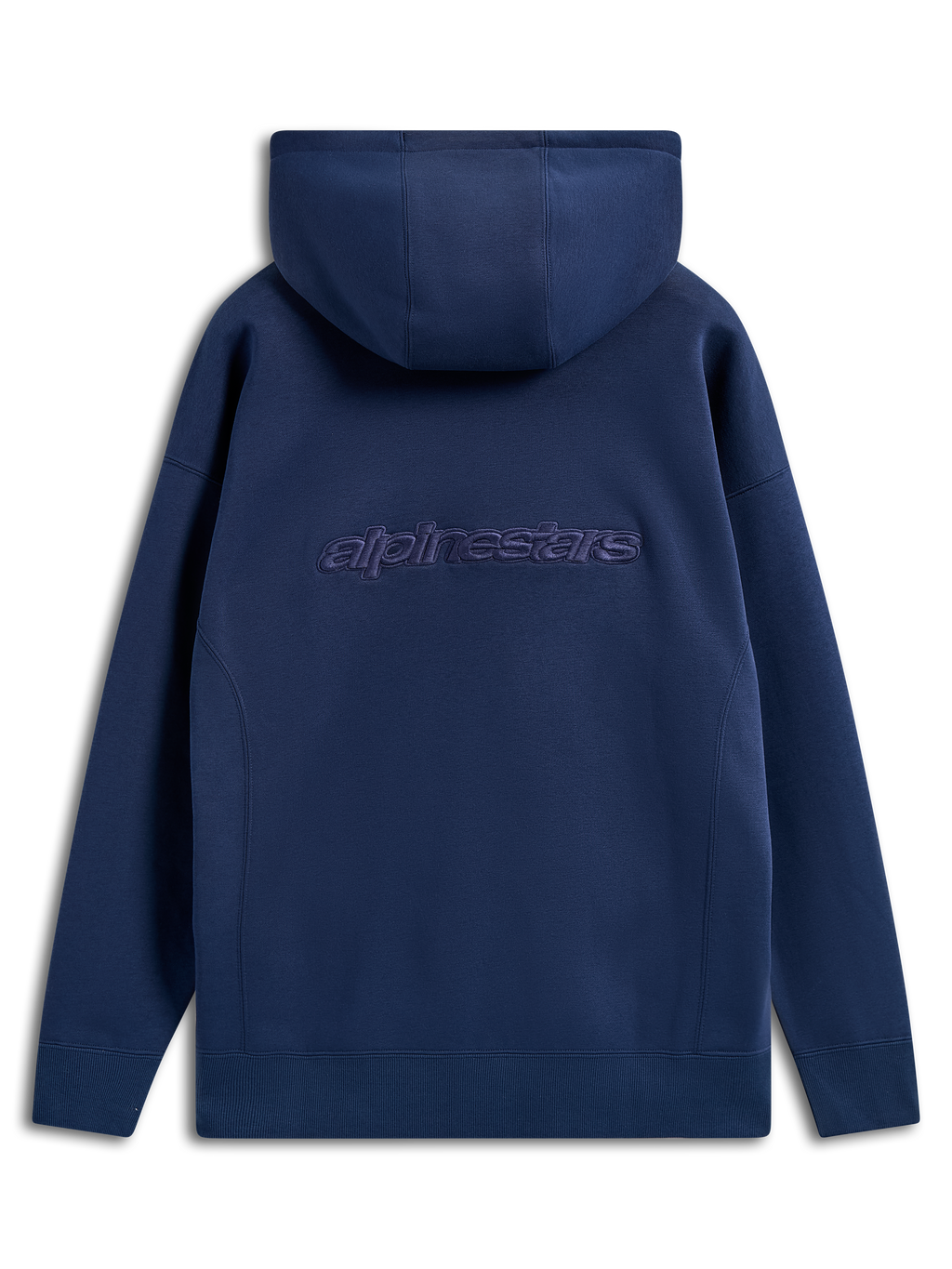 Felpa con cappuccio Emergent Oversized Alpinestars, blu navy, vista posteriore con logo Alpinestars ricamato, felpa in pile vestibilità oversize, streetwear casual con cappuccio con coulisse e polsini a costine