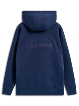 Felpa con cappuccio Emergent Oversized Alpinestars, blu navy, vista posteriore con logo Alpinestars ricamato, felpa in pile vestibilità oversize, streetwear casual con cappuccio con coulisse e polsini a costine