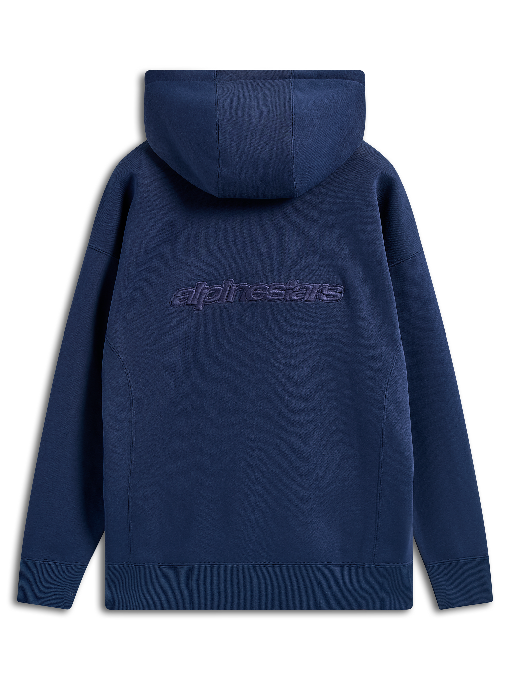 Felpa con cappuccio Emergent Oversized Alpinestars, blu navy, vista posteriore con logo Alpinestars ricamato, felpa in pile vestibilità oversize, streetwear casual con cappuccio con coulisse e polsini a costine