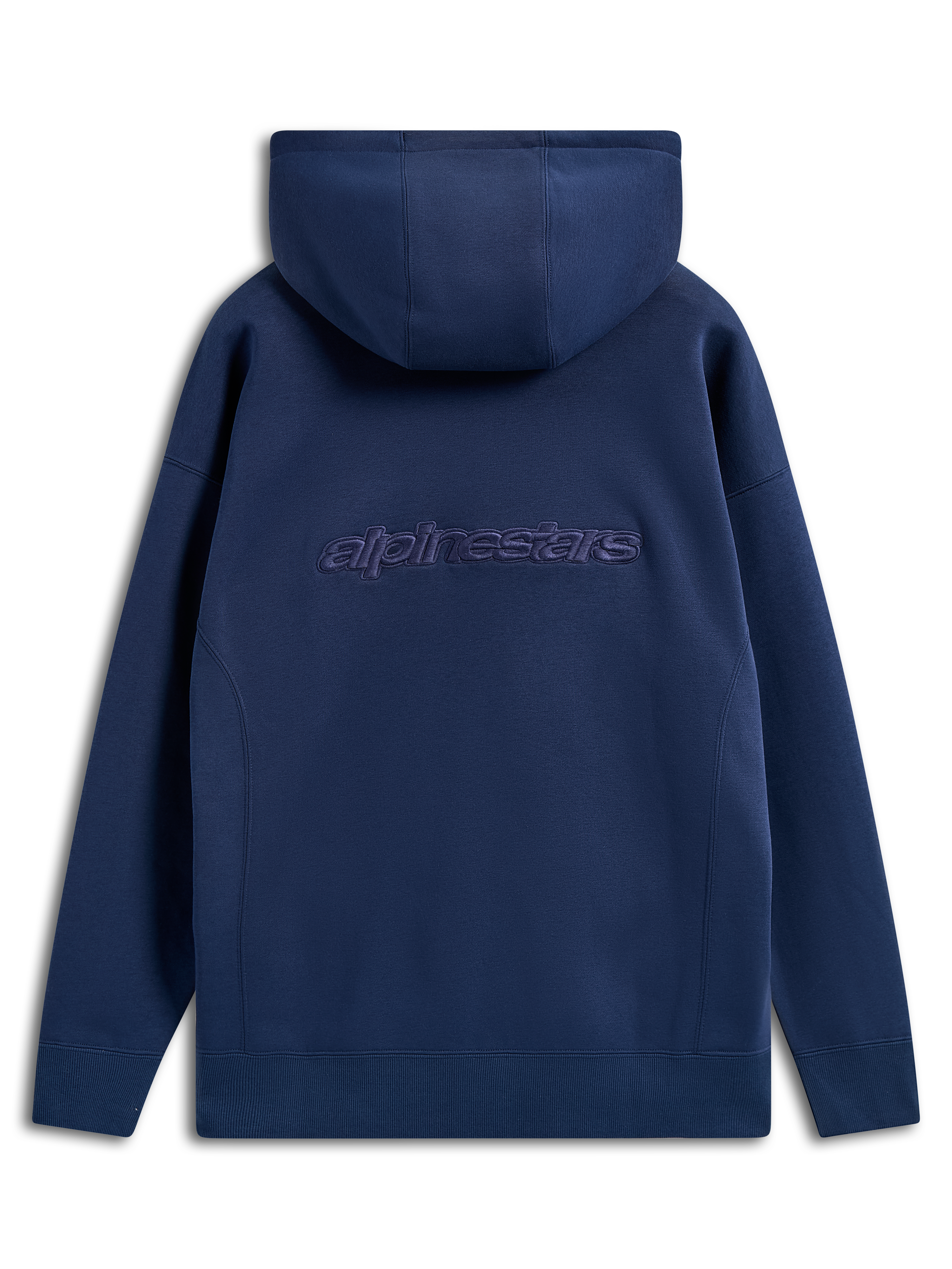 Felpa con cappuccio Emergent Oversized Alpinestars, blu navy, vista posteriore con logo Alpinestars ricamato, felpa in pile vestibilità oversize, streetwear casual con cappuccio con coulisse e polsini a costine