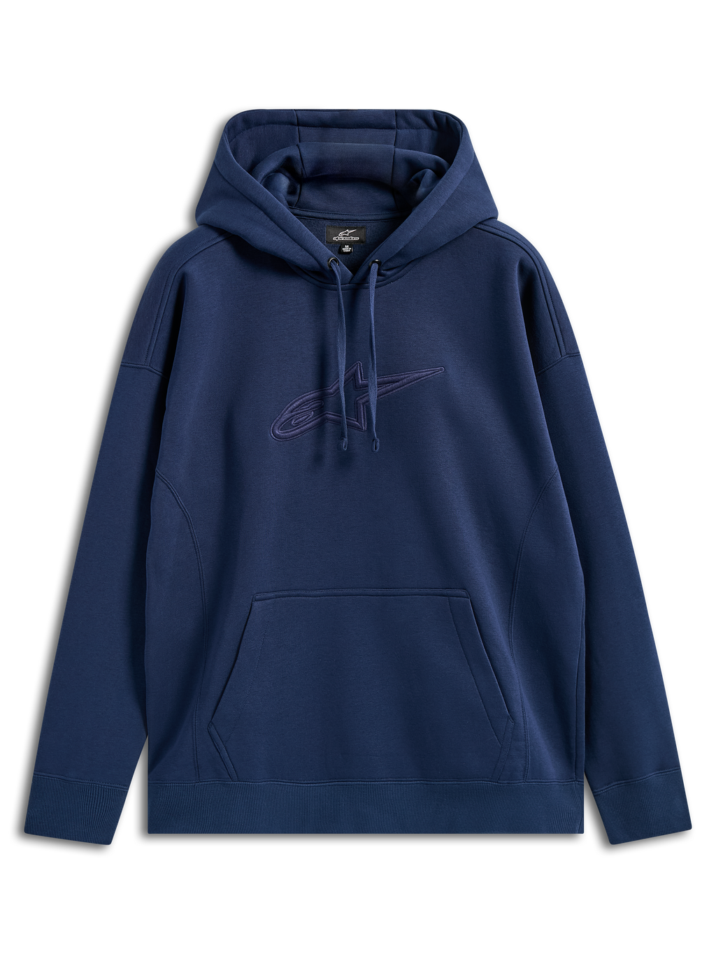 Alpinestars Emergent Oversized Hoodie, blu navy, felpa pullover con logo Astars ricamato in 3D tono su tono sul petto, tasca a marsupio, cappuccio con coulisse, streetwear casual dalla vestibilità rilassata