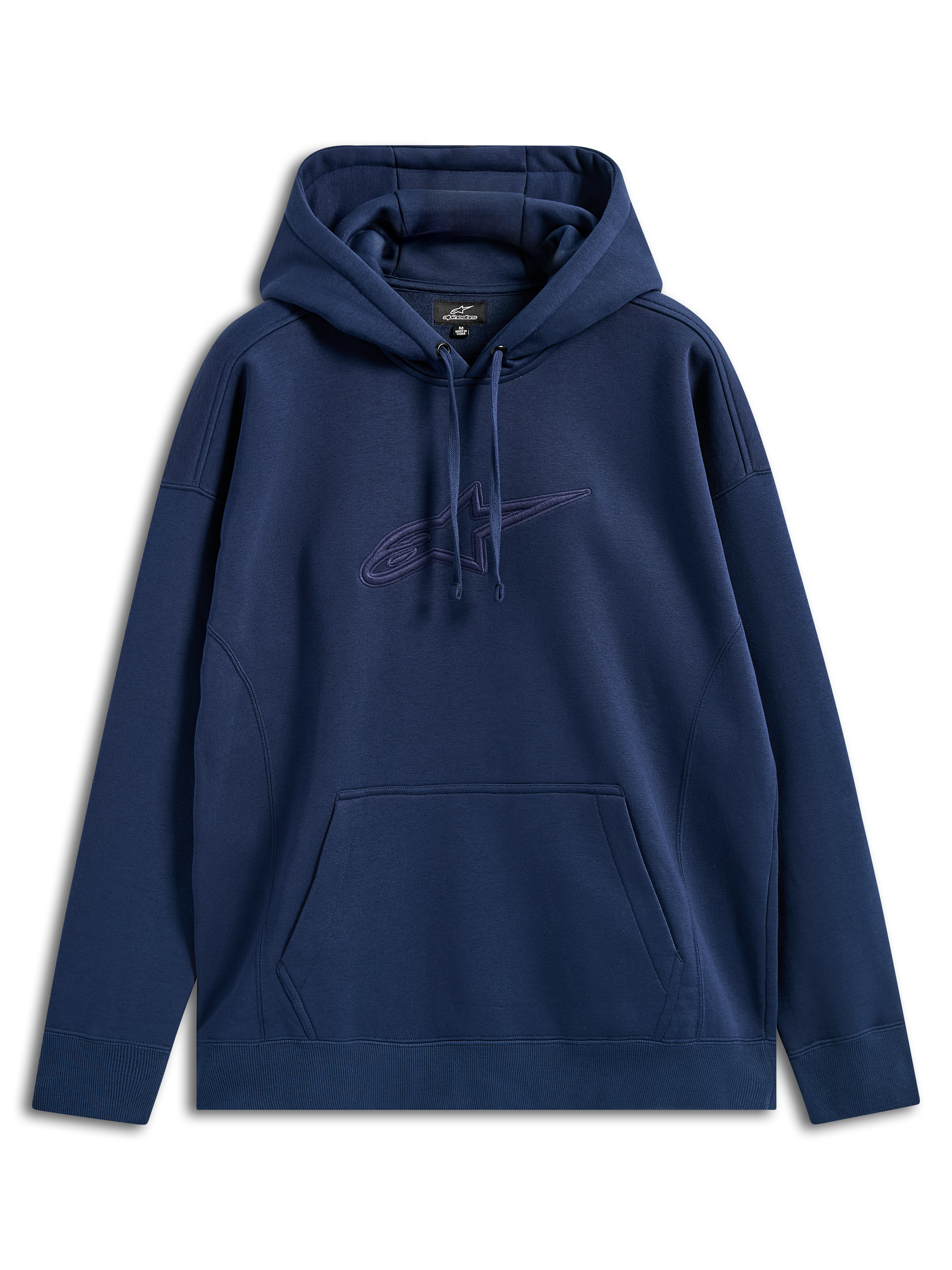 Alpinestars Emergent Oversized Hoodie, blu navy, felpa pullover con logo Astars ricamato in 3D tono su tono sul petto, tasca a marsupio, cappuccio con coulisse, streetwear casual dalla vestibilità rilassata