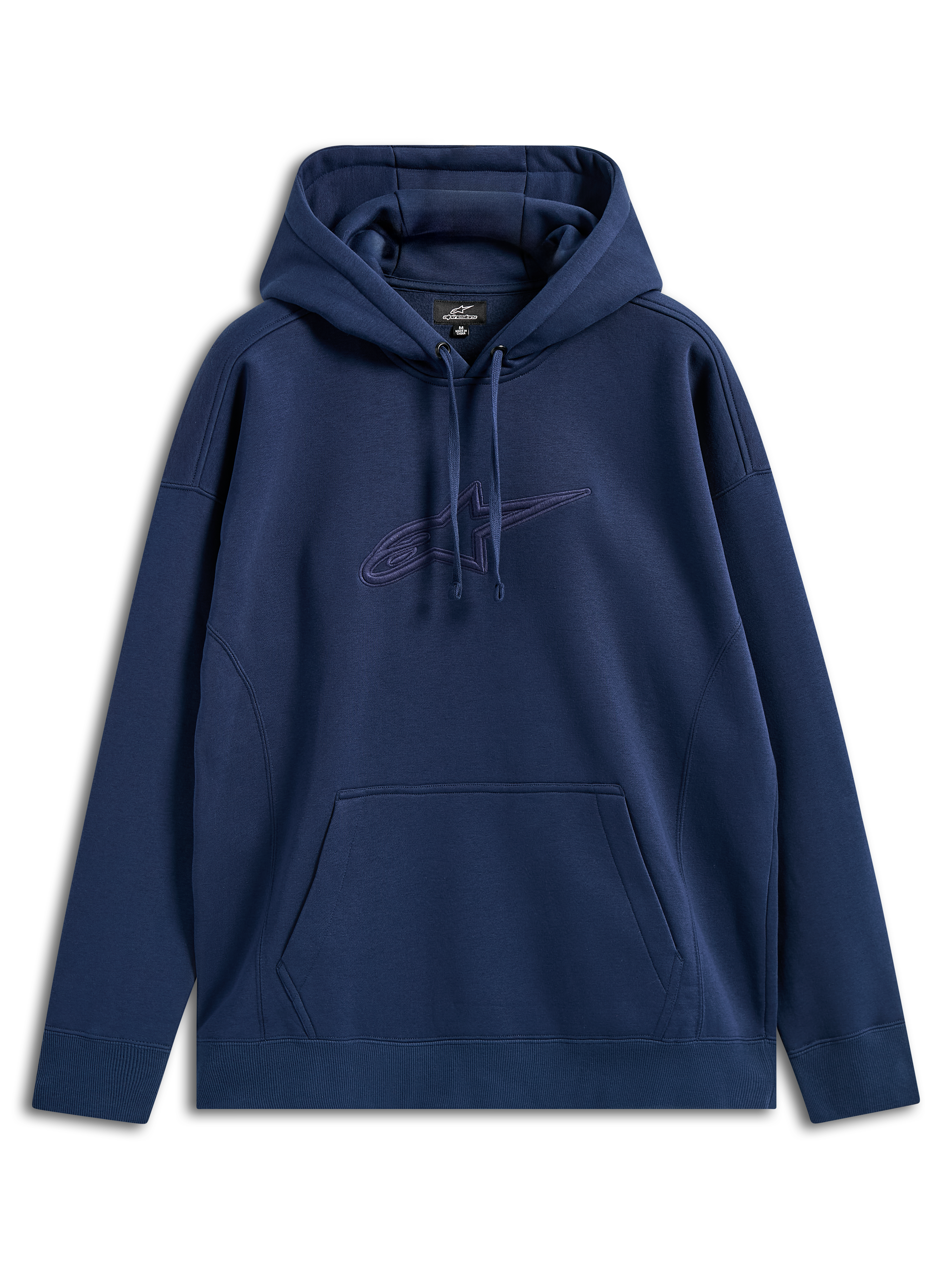 Alpinestars Emergent Oversized Hoodie, blu navy, felpa pullover con logo Astars ricamato in 3D tono su tono sul petto, tasca a marsupio, cappuccio con coulisse, streetwear casual dalla vestibilità rilassata