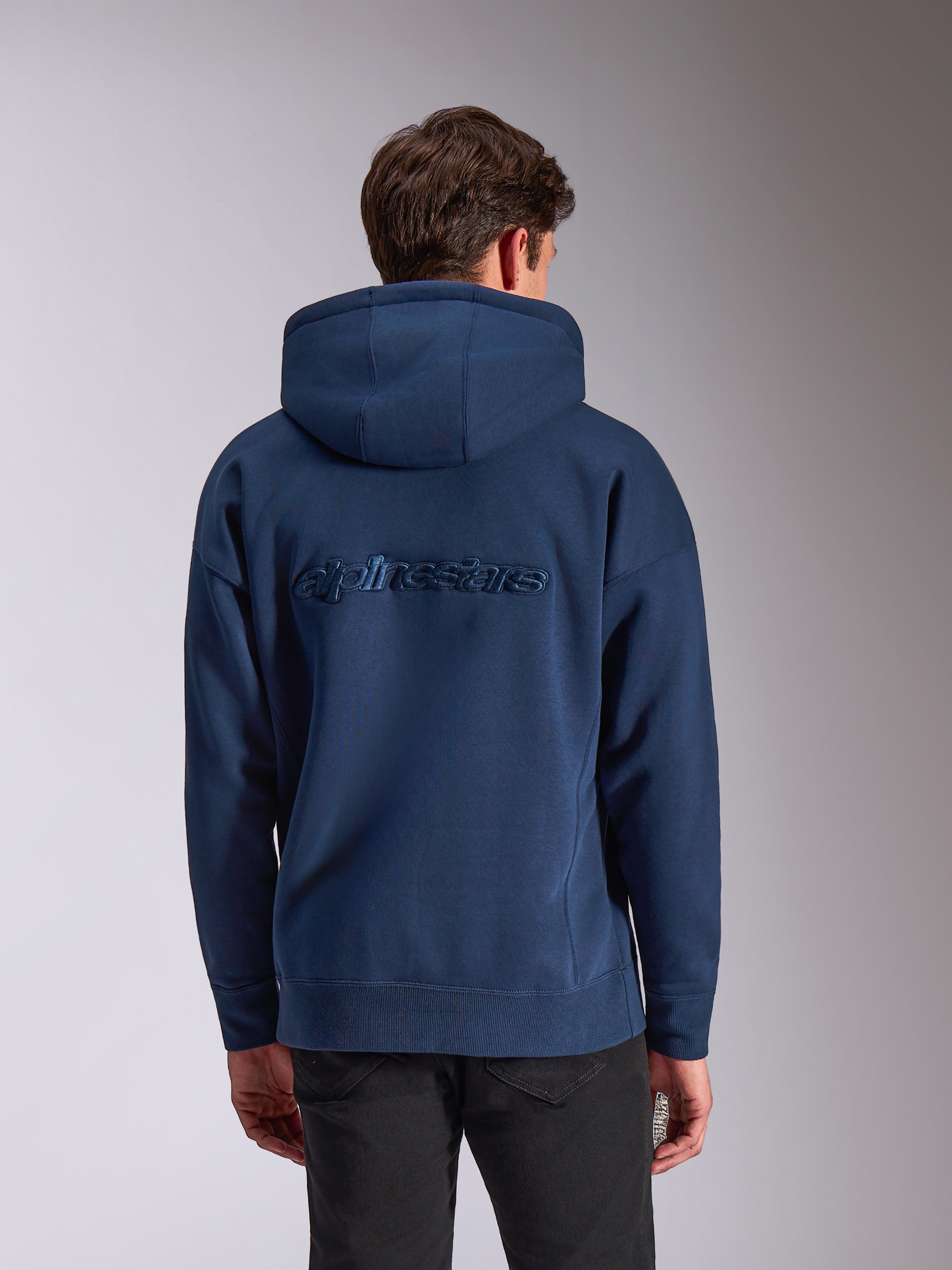 Alpinestars Emergent Oversized Hoodie, blu navy, vista posteriore con logo Alpinestars ricamato in tinta, felpa casual in pile con vestibilità oversized, cappuccio con cordino e polsini a costine, streetwear ispirato al motorsport