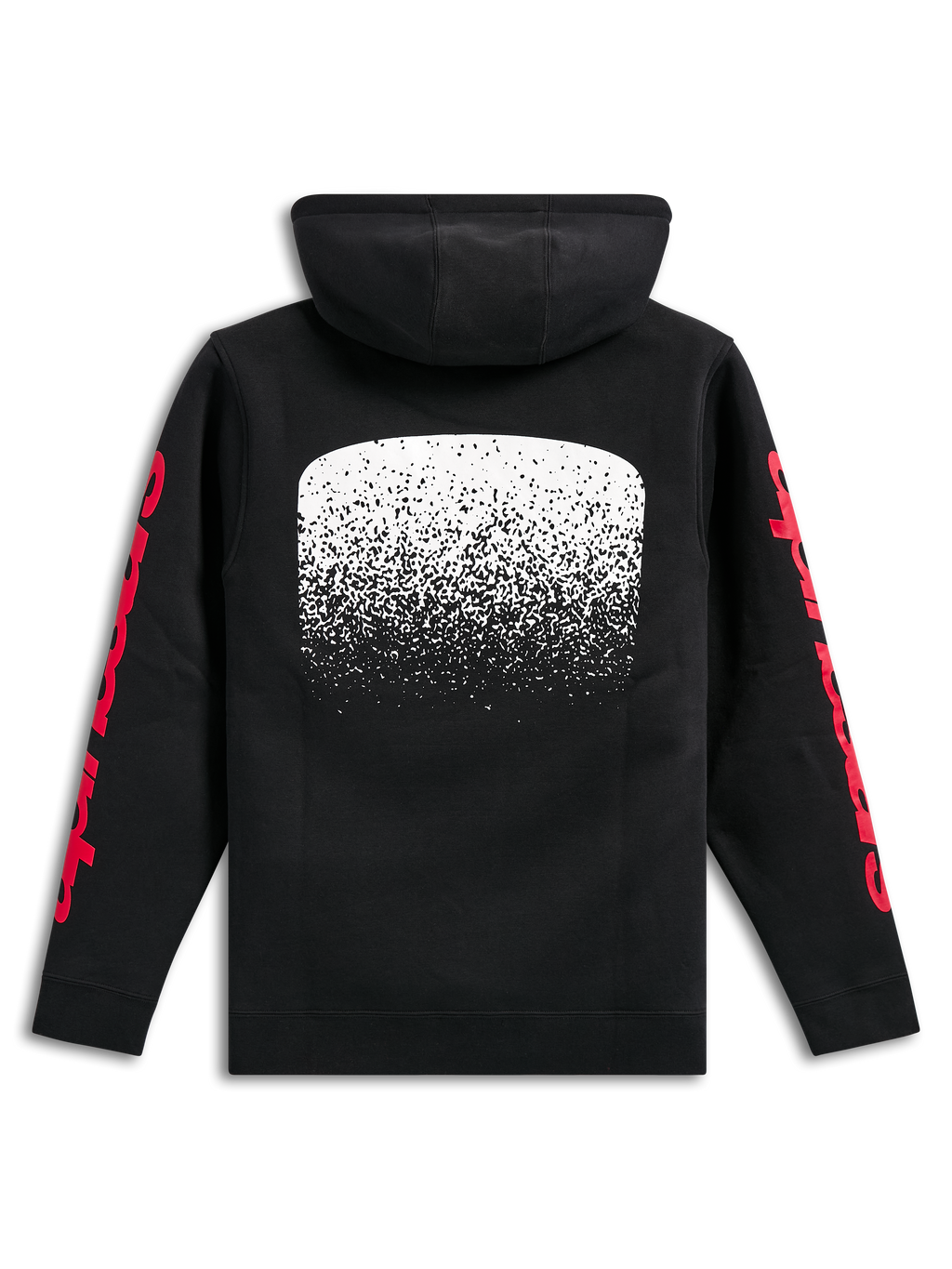 Felpa con cappuccio Alpinestars Obsessed, felpa nera in pile pullover, vista posteriore, grande grafica bianca con gradazione MX sulla schiena, loghi Alpinestars rossi sulle maniche, streetwear casual ispirato al motorsport