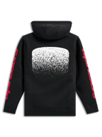 Felpa con cappuccio Alpinestars Obsessed, felpa nera in pile pullover, vista posteriore, grande grafica bianca con gradazione MX sulla schiena, loghi Alpinestars rossi sulle maniche, streetwear casual ispirato al motorsport