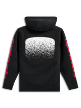 Felpa con cappuccio Alpinestars Obsessed, felpa nera in pile pullover, vista posteriore, grande grafica bianca con gradazione MX sulla schiena, loghi Alpinestars rossi sulle maniche, streetwear casual ispirato al motorsport