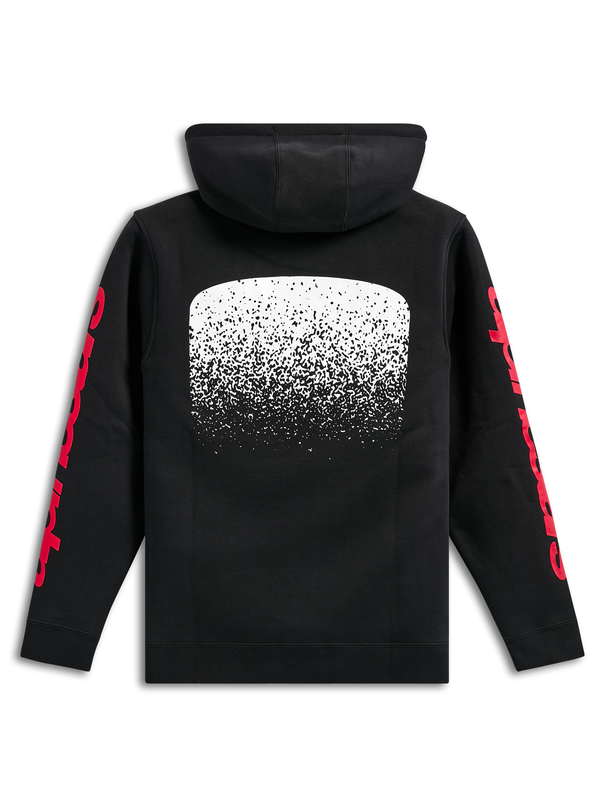 Felpa con cappuccio Alpinestars Obsessed, felpa nera in pile pullover, vista posteriore, grande grafica bianca con gradazione MX sulla schiena, loghi Alpinestars rossi sulle maniche, streetwear casual ispirato al motorsport